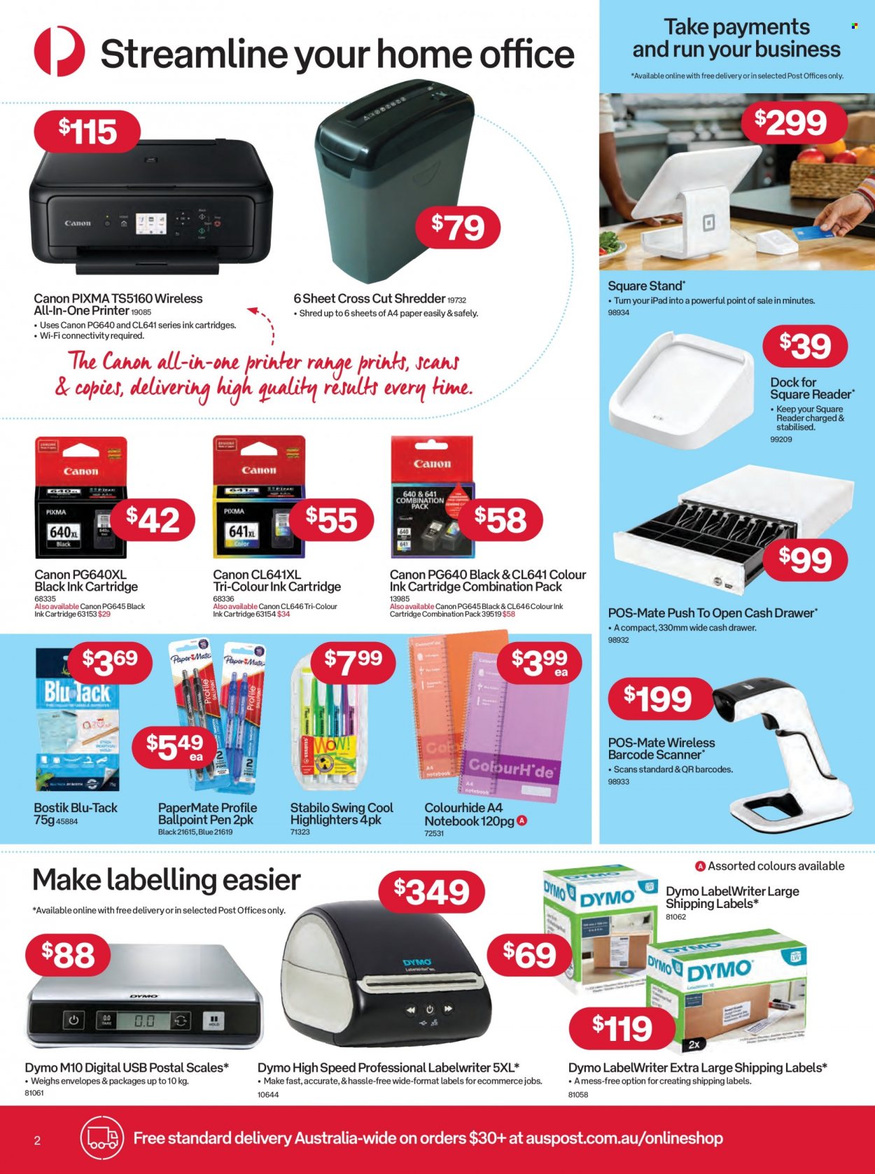 thumbnail - Australia Post Catalogue - 9 May 2022 - 5 Jun 2022 - Sales products - iPad, pen, cash drawer, envelope, Paper Mate, Canon, all-in-one printer, printer, scanner, shredder, cartridge. Page 2.