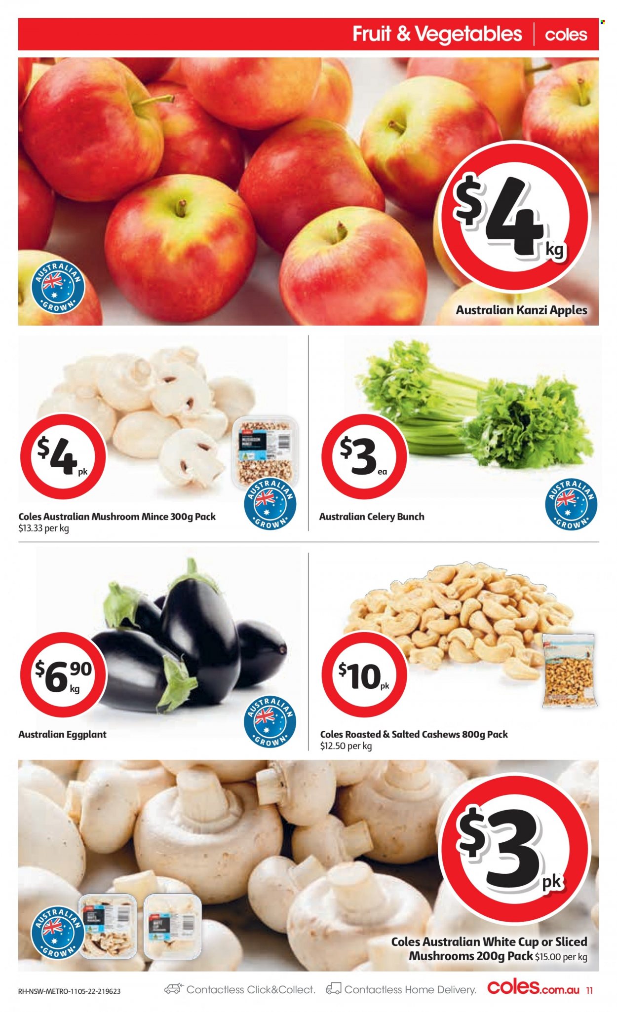 thumbnail - Coles Catalogue - 11 May 2022 - 17 May 2022 - Sales products - mushrooms, celery, eggplant, apples, cashews, cup. Page 11.