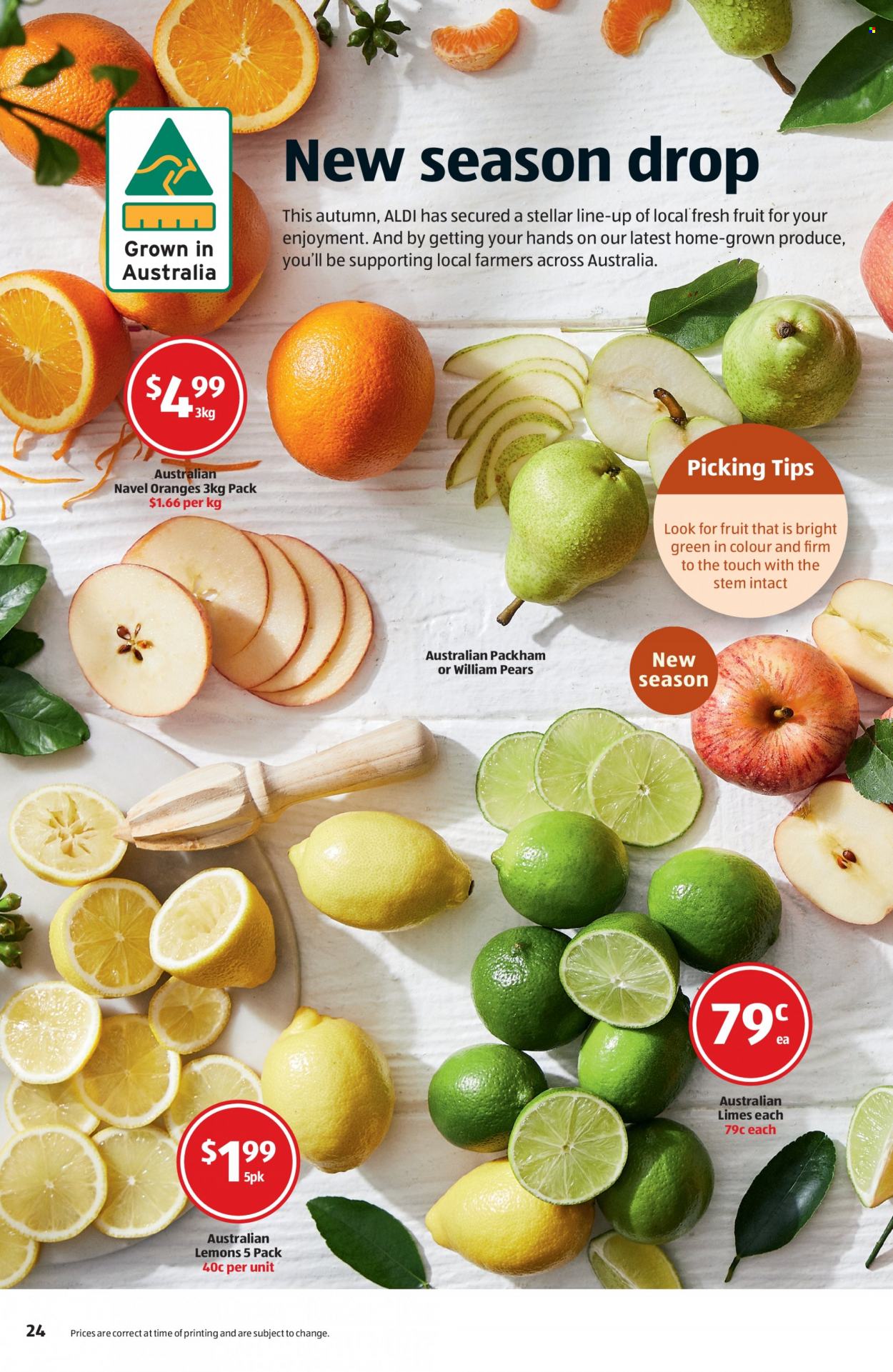 thumbnail - ALDI Catalogue - 18 May 2022 - 24 May 2022 - Sales products - limes, pears, oranges, lemons, navel oranges. Page 24.