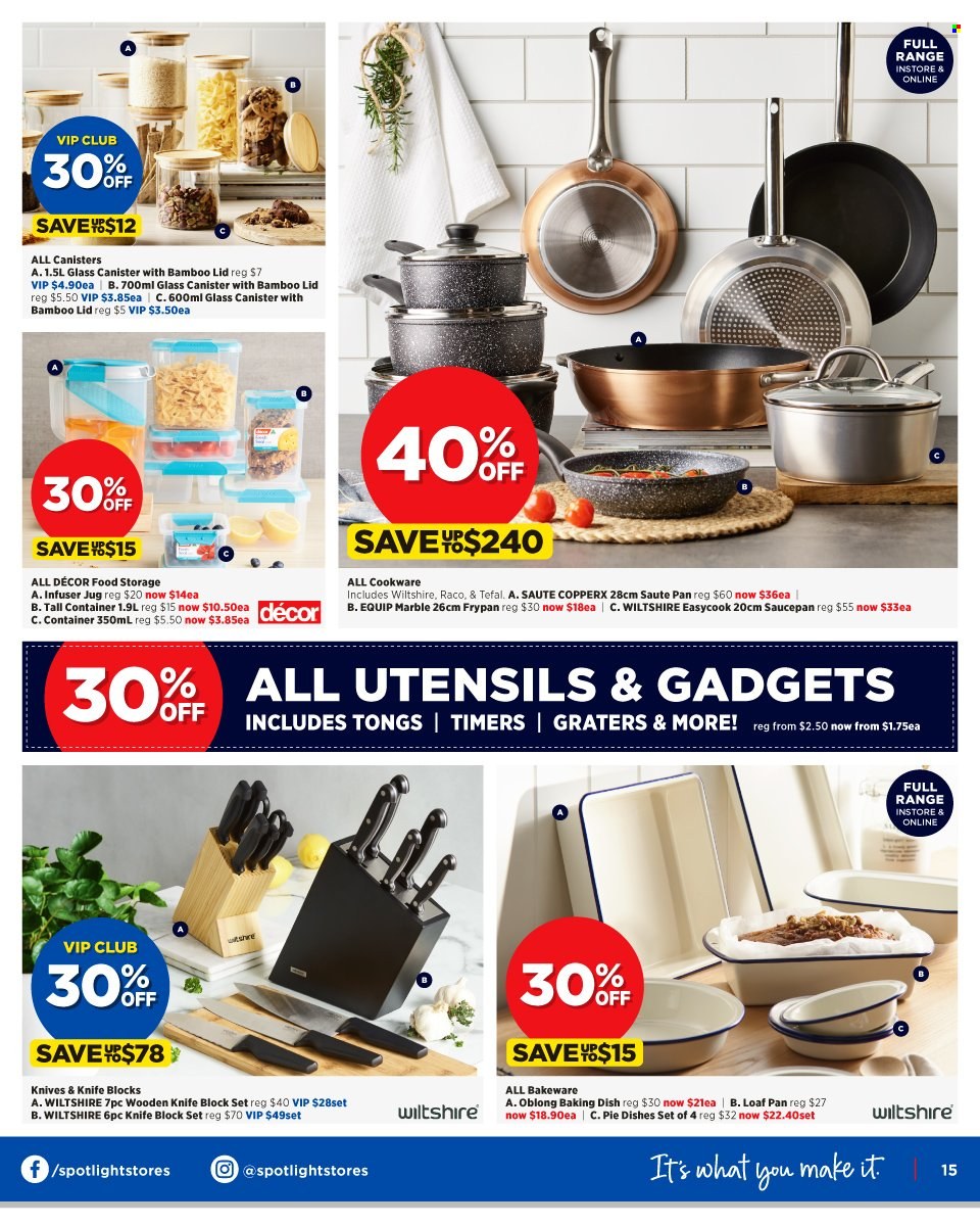 thumbnail - Spotlight Catalogue - 11 May 2022 - 29 May 2022 - Sales products - knife, canister, cookware set, lid, Tefal, utensils, pan, knife block, saucepan, bakeware, frying pan, container. Page 21.