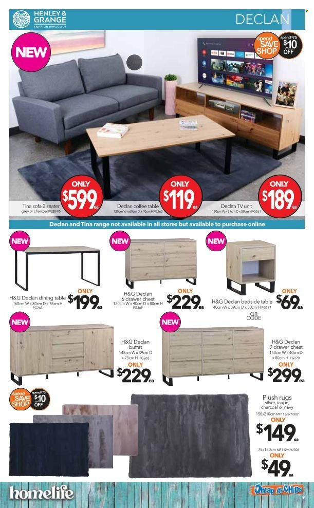 thumbnail - Cheap as Chips Catalogue - 11 May 2022 - 17 May 2022 - Sales products - dining table, table, sofa, coffee table, tv unit, bedside table, rug. Page 9.