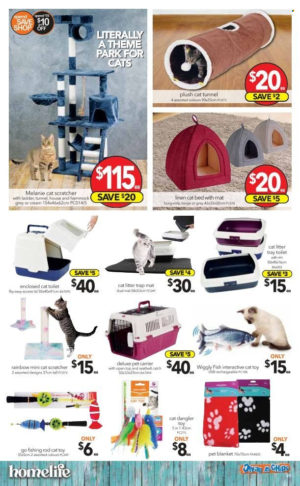 thumbnail - Cheap as Chips Catalogue - 11 May 2022 - 17 May 2022 - Sales products - bed, lid, blanket, linens, cat toy, cat scratcher, cat toilet, rustle tunnel, cat bed, pet blanket, cat litter tray, toys, ladder. Page 21.