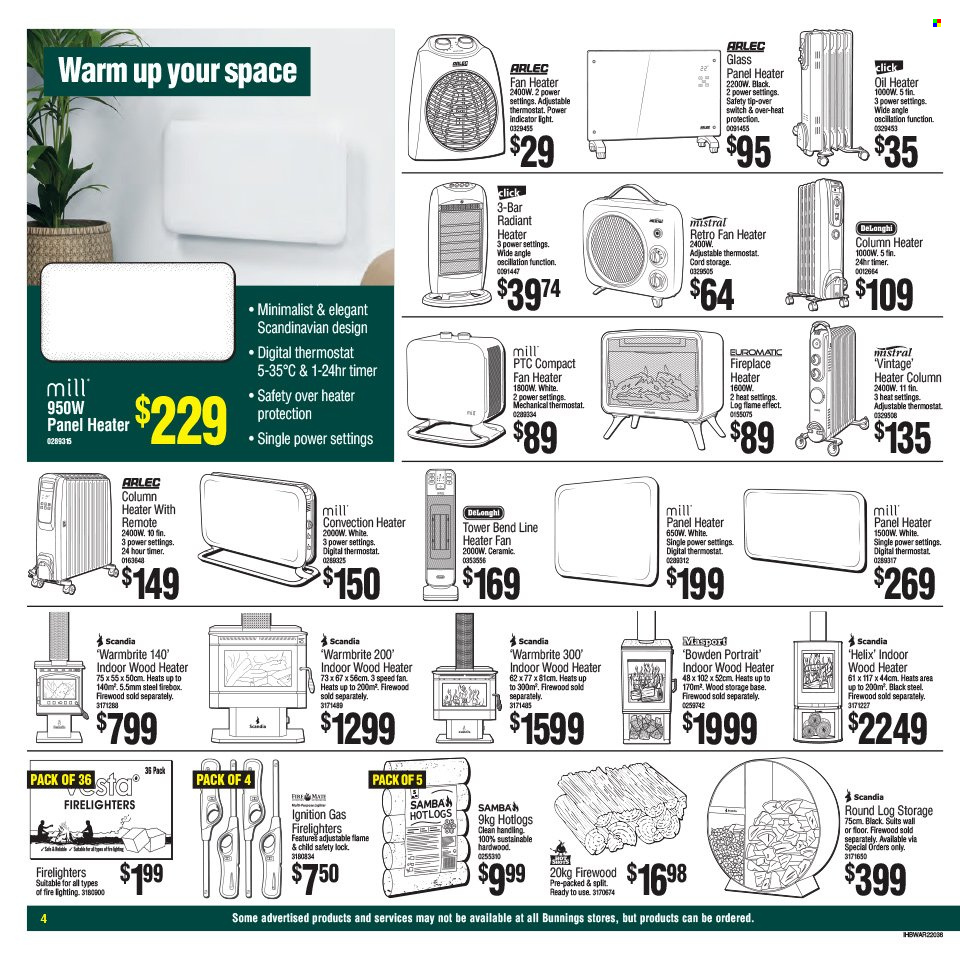 thumbnail - Bunnings Warehouse Catalogue - 11 May 2022 - 29 May 2022 - Sales products - De'Longhi, lighting, heater, fan heater, fireplace, firebox. Page 4.