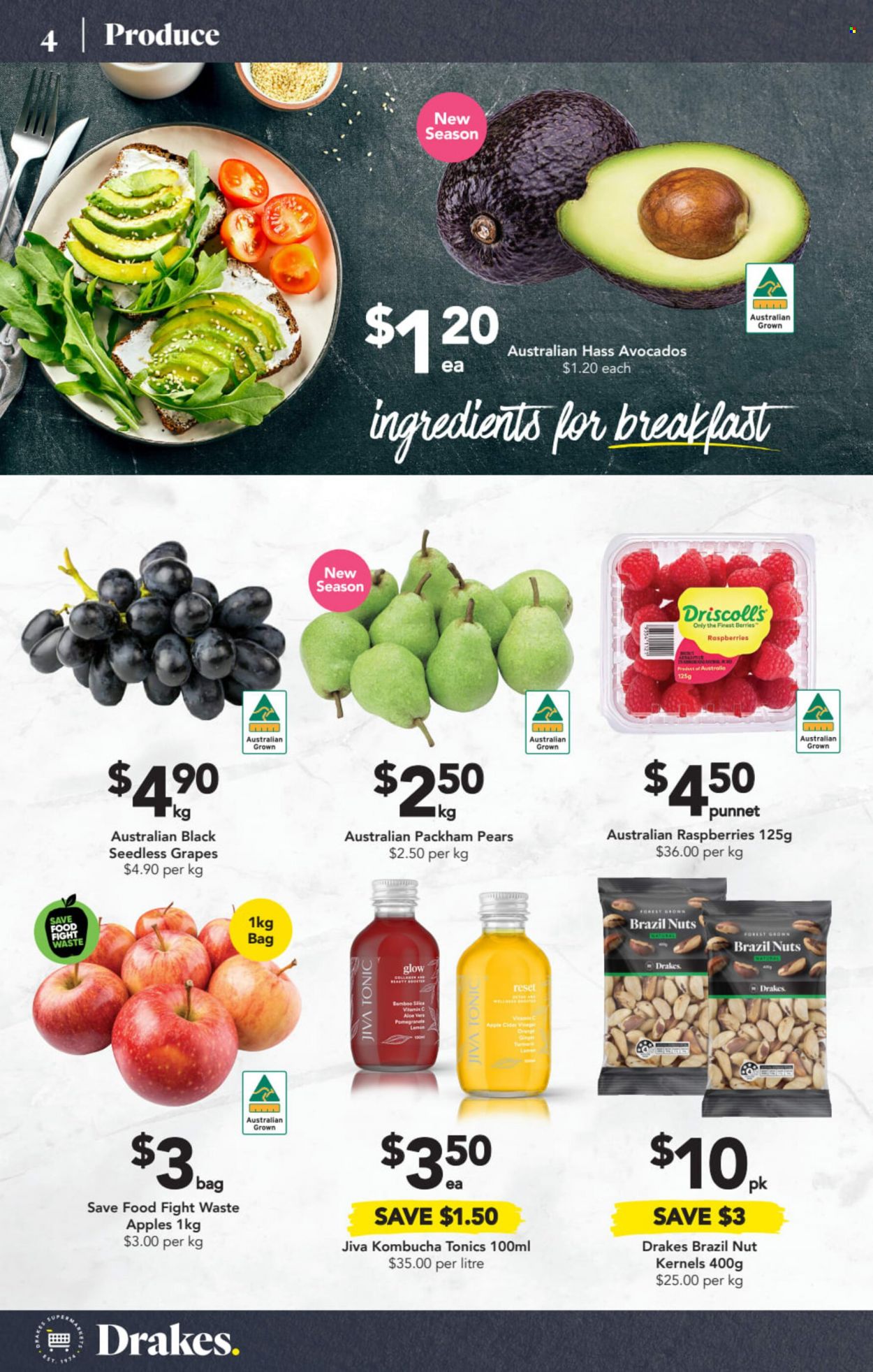 thumbnail - Drakes Catalogue - 11 May 2022 - 17 May 2022 - Sales products - seedless grapes, avocado, grapes, pears, pomegranate, brazil nuts, tonic, kombucha, apple cider, cider, vitamin c. Page 4.