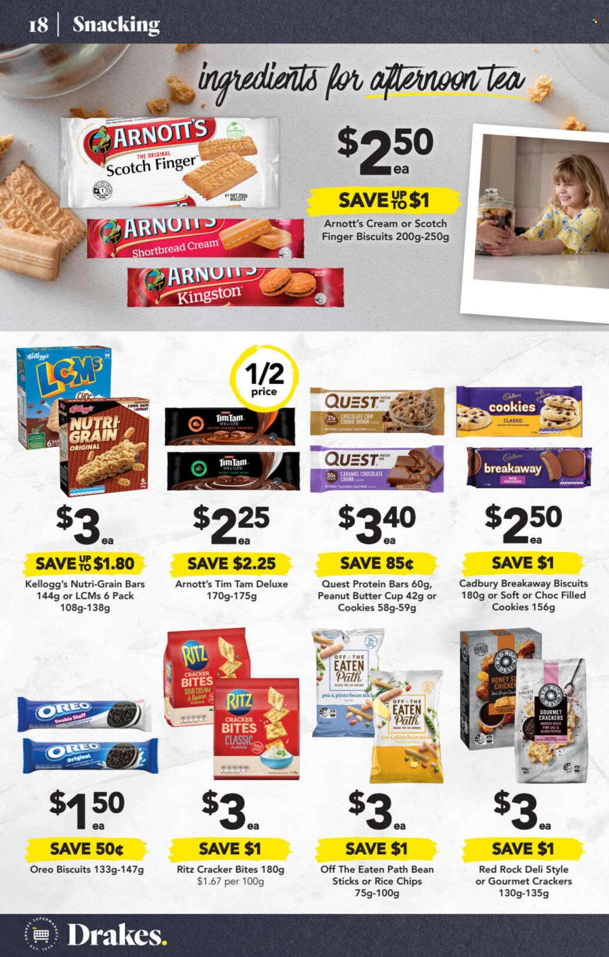 thumbnail - Drakes Catalogue - 11 May 2022 - 17 May 2022 - Sales products - corn, Oreo, sour cream, cookies, crackers, Tim Tam, Kellogg's, biscuit, Cadbury, peanut butter cups, RITZ, chips, oats, protein bar, Nutri-Grain, rice, honey, peanut butter, cup. Page 18.
