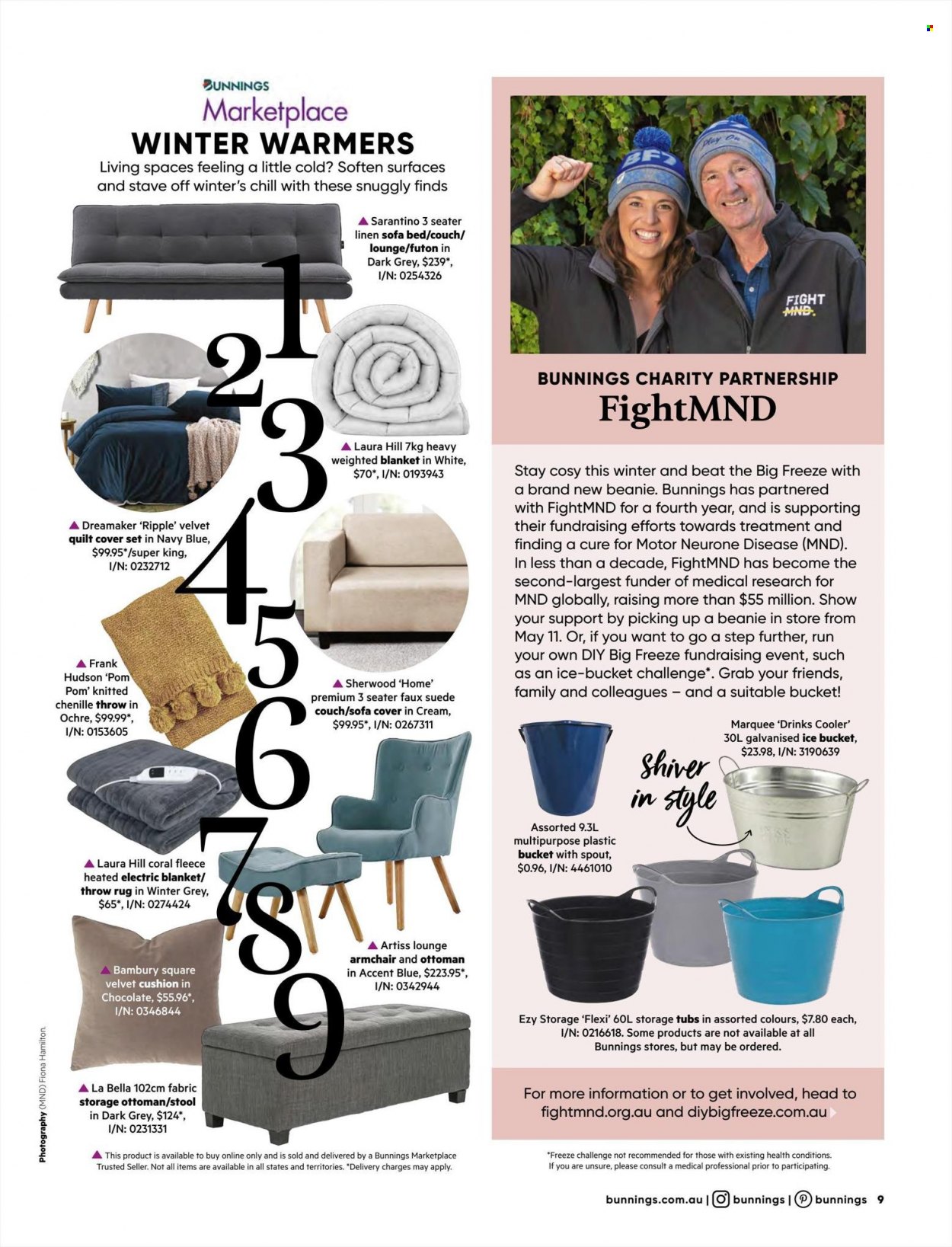 thumbnail - Bunnings Warehouse Catalogue - 1 May 2022 - 30 Jun 2022 - Sales products - stool, arm chair, sofa, sofa bed, couch, lounge, ottoman, bed, cushion, sofa cover, blanket, linens, quilt, quilt cover set, Play On, weighted blanket, electric blanket, rug. Page 9.
