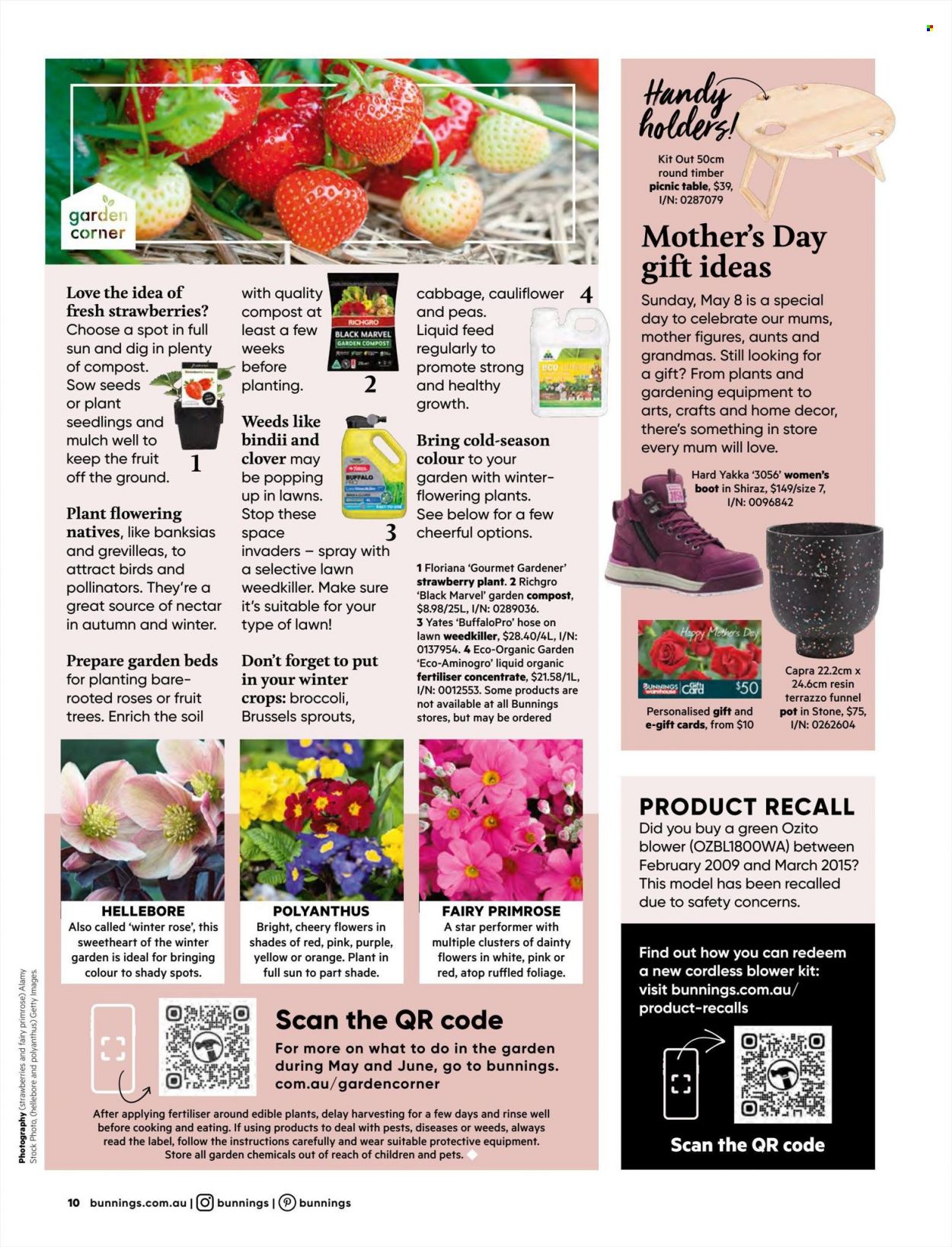 thumbnail - Bunnings Warehouse Catalogue - 1 May 2022 - 30 Jun 2022 - Sales products - table, picnic table, pot, blower, primroses, rose, Yates, garden mulch, compost. Page 10.