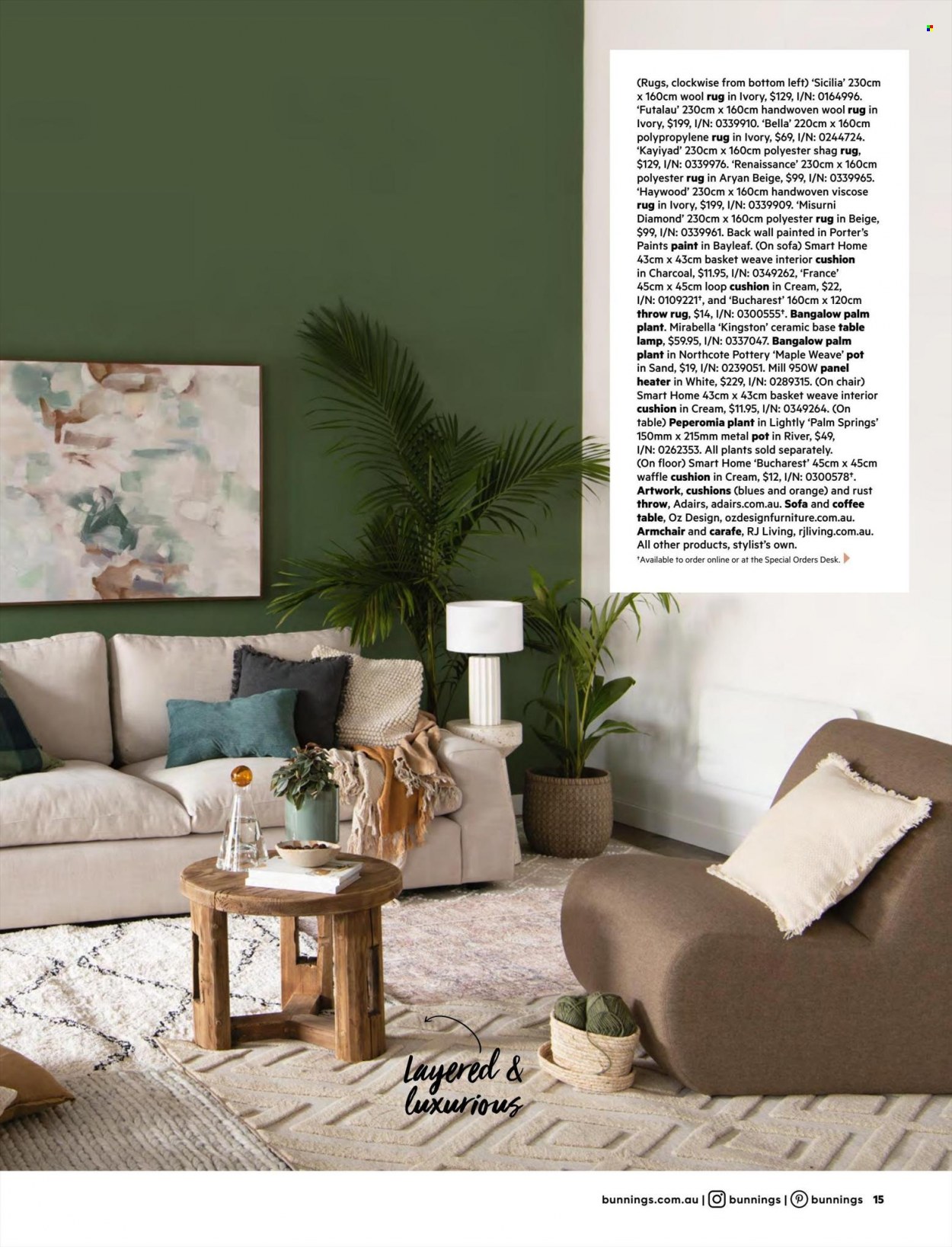 thumbnail - Bunnings Warehouse Catalogue - 1 May 2022 - 30 Jun 2022 - Sales products - chair, arm chair, sofa, coffee table, desk, cushion, bijzettafel, pot, paint, lamp, table lamp, heater, rug, wool rug. Page 15.