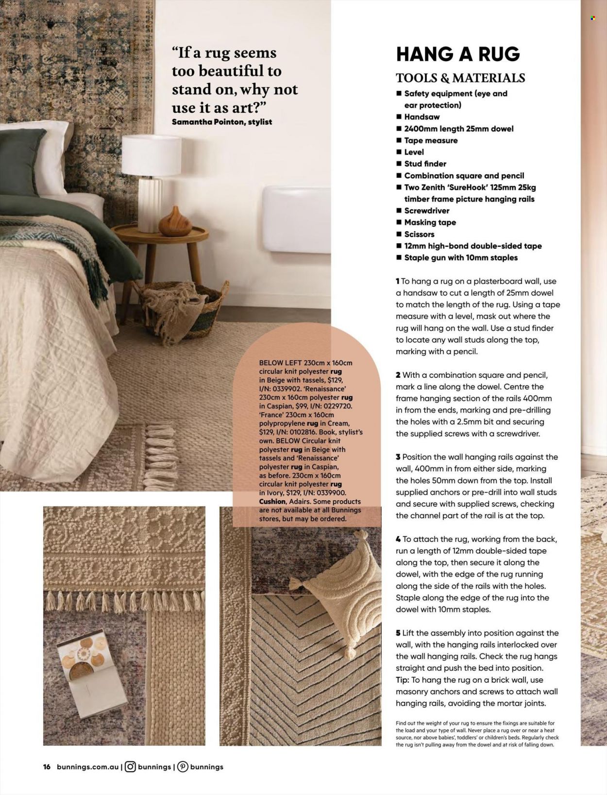 thumbnail - Bunnings Warehouse Catalogue - 1 May 2022 - 30 Jun 2022 - Sales products - bed, cushion, scissors, pencil, masking tape, rug, drill, screwdriver, handsaw, measuring tape. Page 16.