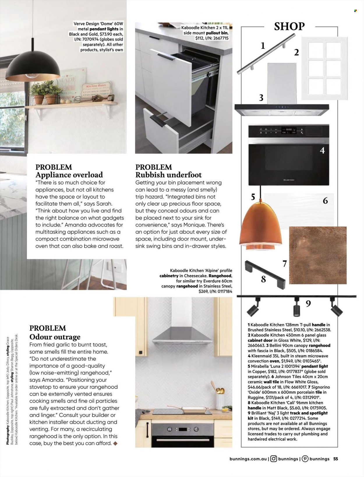 thumbnail - Bunnings Warehouse Catalogue - 1 May 2022 - 30 Jun 2022 - Sales products - cabinet, desk, sink, spotlight, oven, convection oven, microwave, metal pendant, porcelain tile. Page 55.