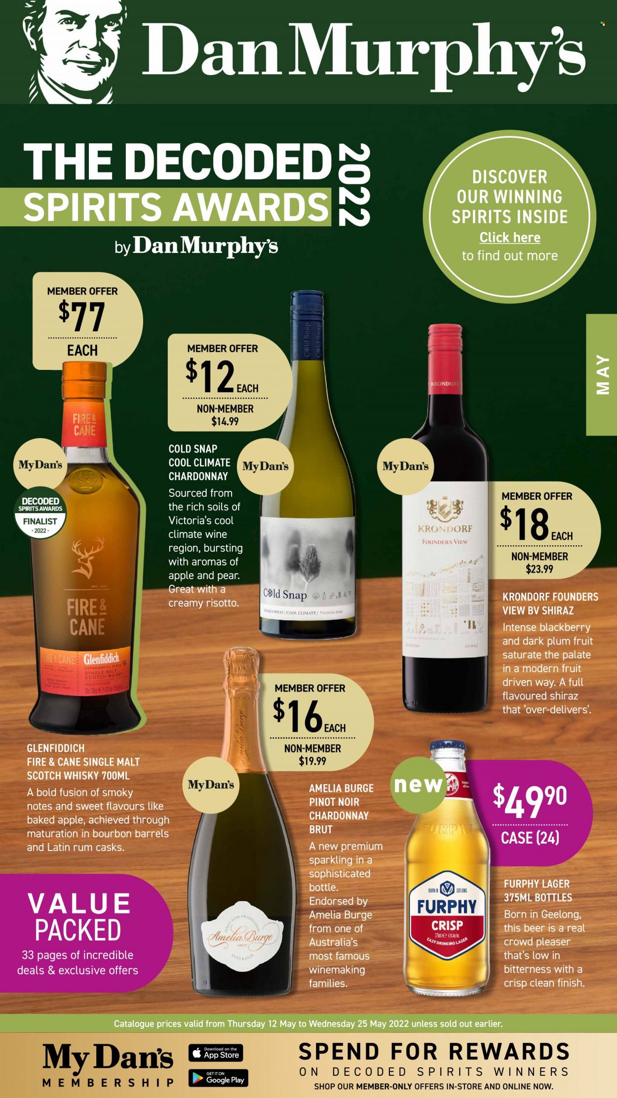 thumbnail - Dan Murphy's Catalogue - 12 May 2022 - 25 May 2022 - Sales products - red wine, white wine, Chardonnay, wine, Pinot Noir, Shiraz, bourbon, rum, Glenfiddich, scotch whisky, whisky, beer, Lager. Page 1.