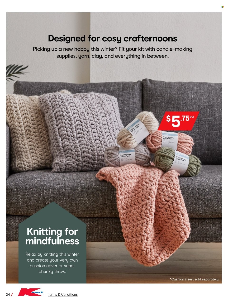 thumbnail - Kmart Catalogue - 12 May 2022 - 1 Jun 2022 - Sales products - candle, knitting wool, cushion. Page 24.