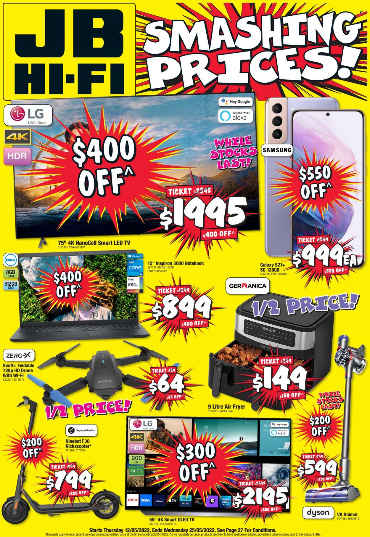 thumbnail - JB Hi-Fi Catalogue - 12 May 2022 - 25 May 2022 - Sales products - drone, Inspiron, LED TV, TV, air fryer, KickScooter, Ninebot. Page 1.
