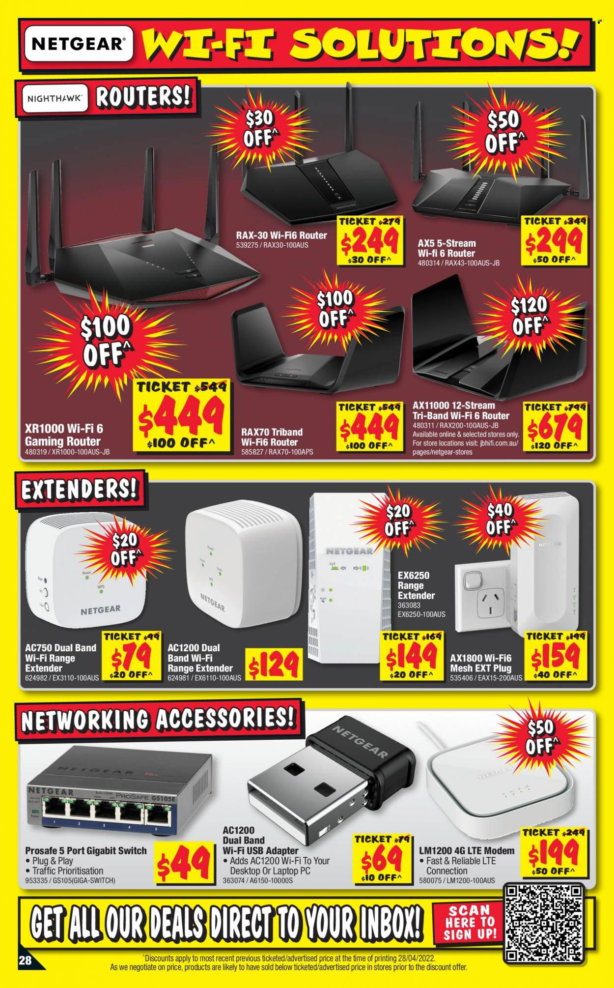 thumbnail - JB Hi-Fi Catalogue - 12 May 2022 - 25 May 2022 - Sales products - range extender, router, Netgear, modem, adapter, switch. Page 28.