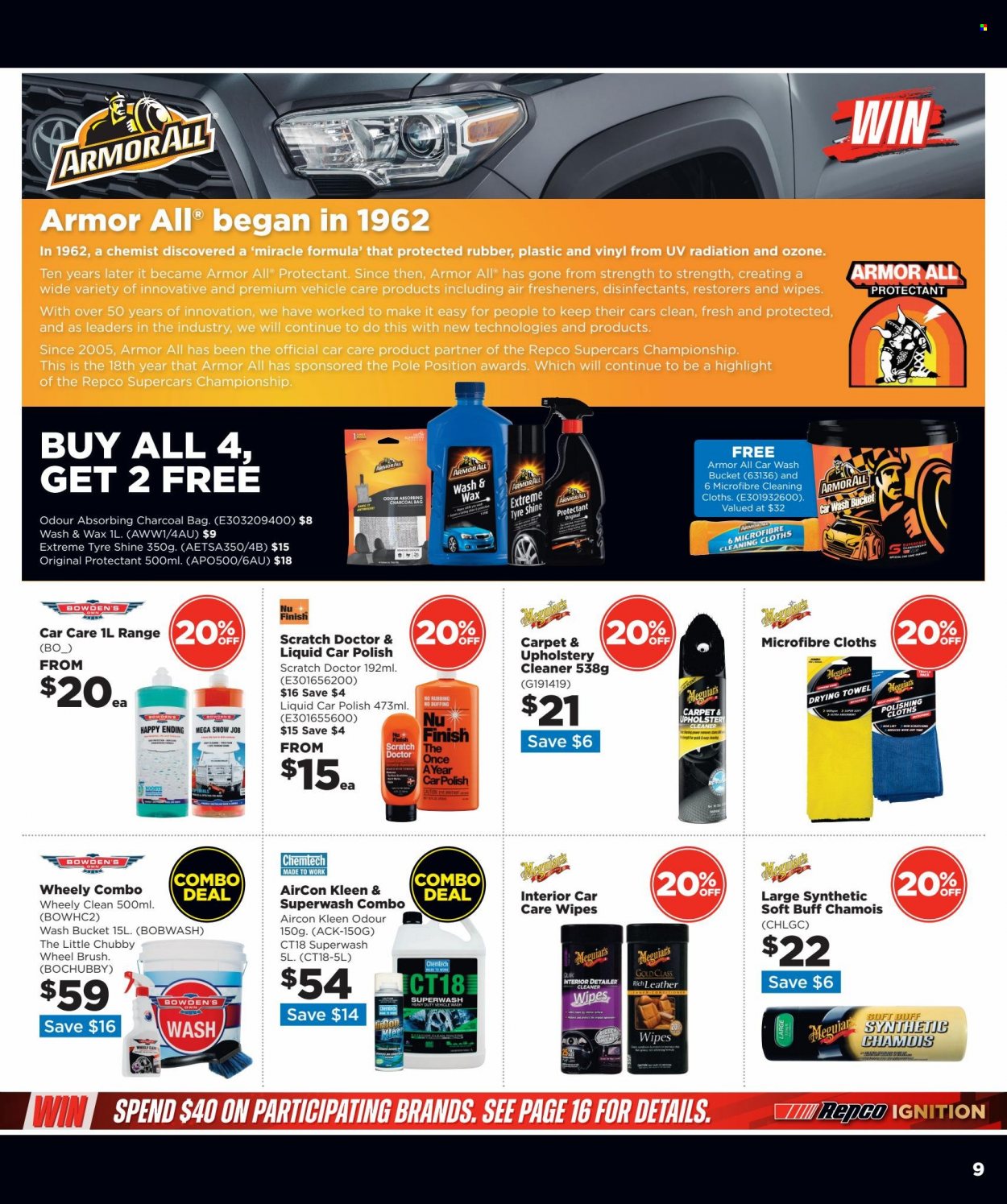 thumbnail - Repco Catalogue - 11 May 2022 - 24 May 2022 - Sales products - wipes, cleaner, bag, vehicle, Armor All, Bowden's, air freshener, tyre shine. Page 9.