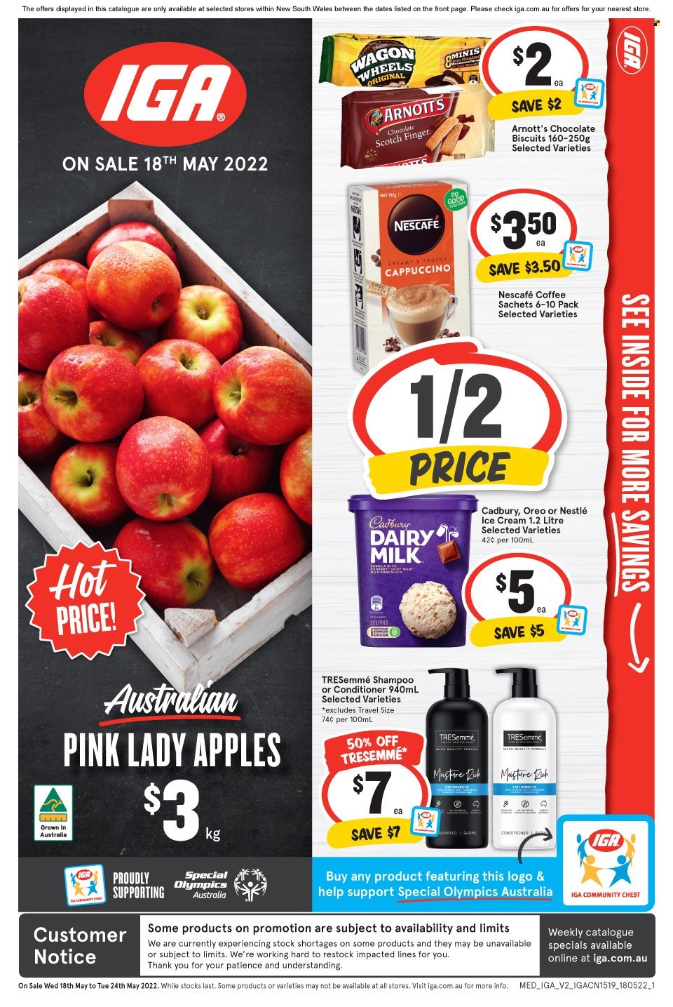 thumbnail - IGA Catalogue - 18 May 2022 - 24 May 2022 - Sales products - apples, Pink Lady, ice cream, Nestlé, biscuit, Cadbury, Dairy Milk, cappuccino, coffee, Nescafé, shampoo, conditioner, TRESemmé, wagon. Page 1.