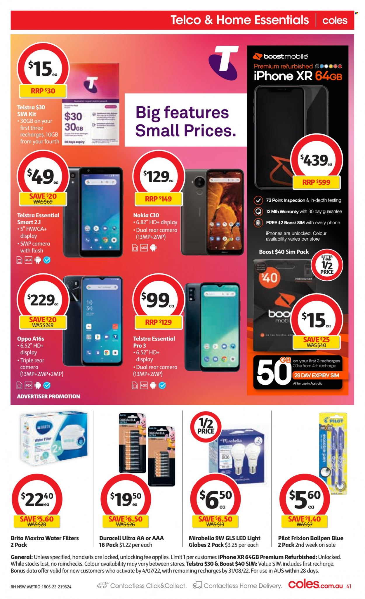thumbnail - Coles Catalogue - 18 May 2022 - 24 May 2022 - Sales products - Boost, Pilot, Duracell, LED light. Page 41.