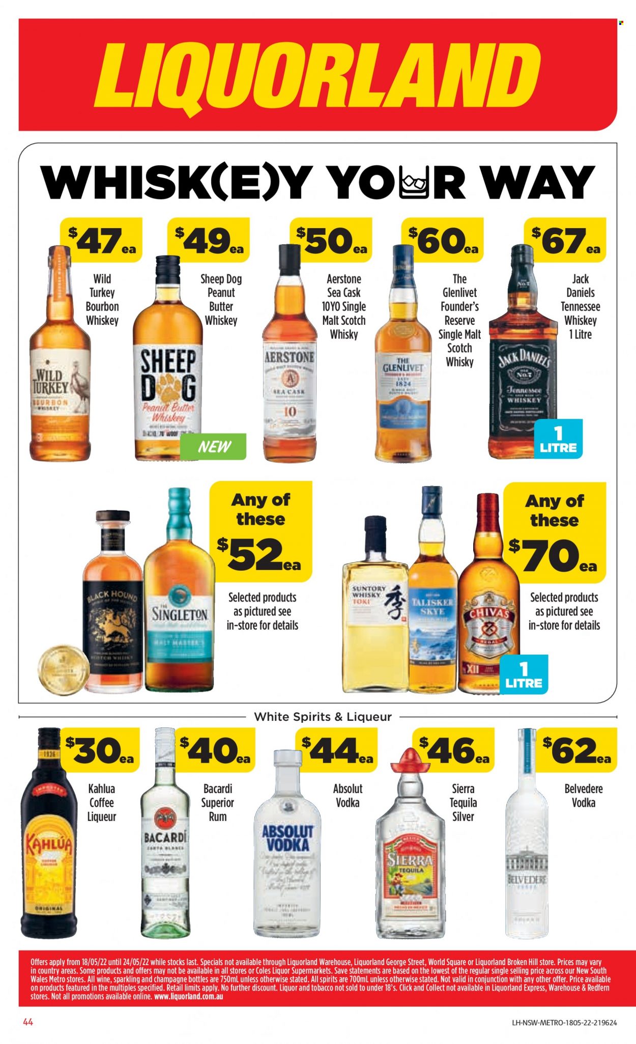 thumbnail - Coles Catalogue - 18 May 2022 - 24 May 2022 - Sales products - Jack Daniel's, butter, coffee, Kahlúa, wine, Bacardi, bourbon, liqueur, rum, tequila, vodka, whiskey, liquor, Absolut, bourbon whiskey, whisky. Page 44.
