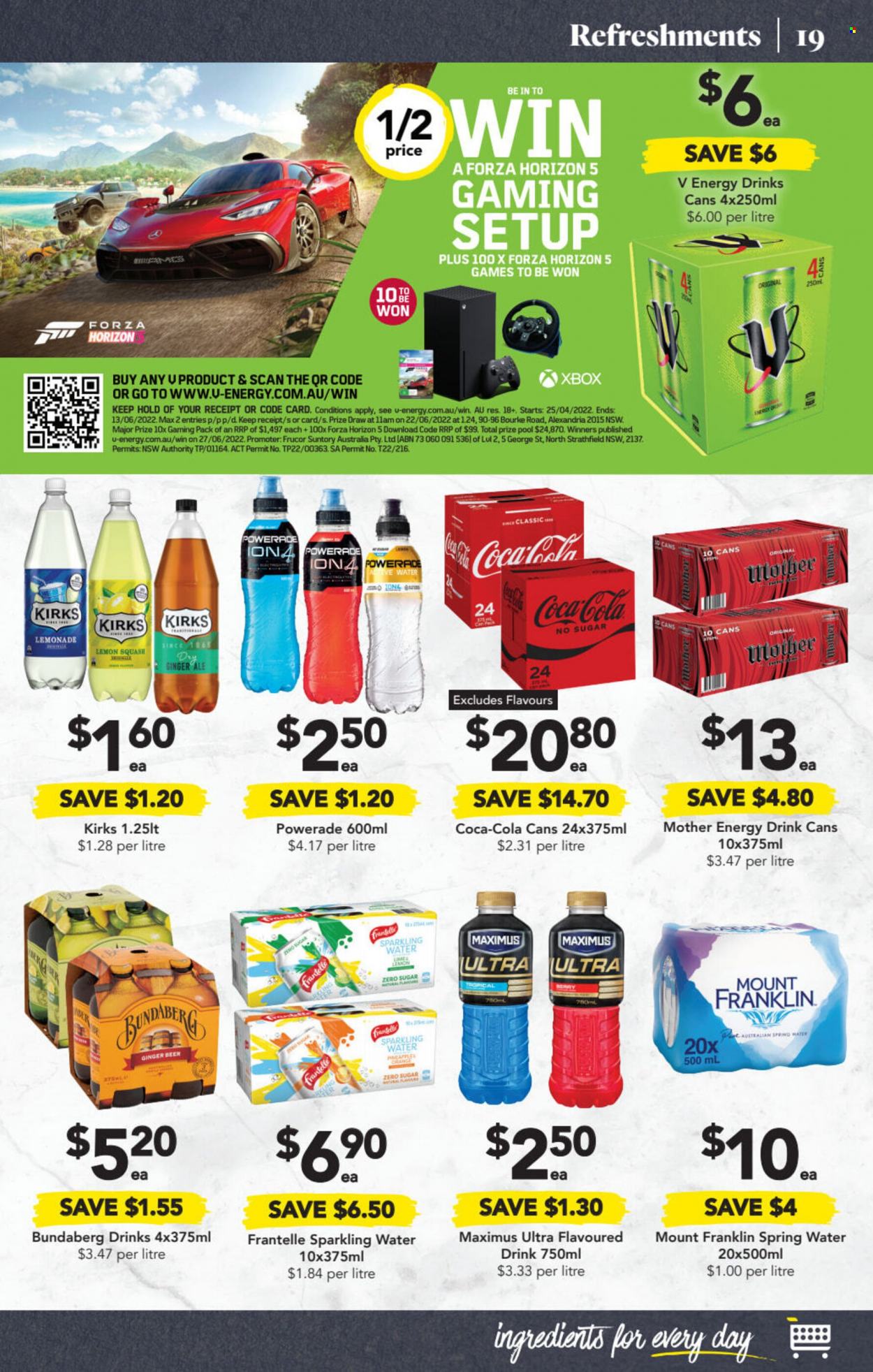 thumbnail - Drakes Catalogue - 18 May 2022 - 24 May 2022 - Sales products - Coca-Cola, ginger ale, lemonade, Powerade, energy drink, spring water, sparkling water, Bundaberg, beer, ginger beer. Page 19.