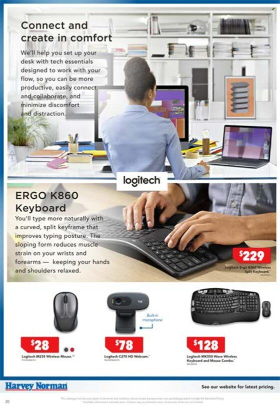 thumbnail - Harvey Norman Catalogue - 17 May 2022 - 6 Jun 2022 - Sales products - desk, keyboard, mouse, Logitech. Page 20.