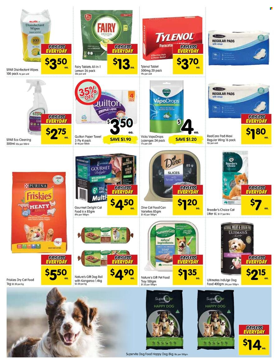 thumbnail - SPAR Catalogue - 18 May 2022 - 24 May 2022 - Sales products - wipes, Quilton, paper towels, desinfection, Fairy, Vicks, animal food, cat food, dog food, Purina, dry cat food, Friskies, Tylenol. Page 7.