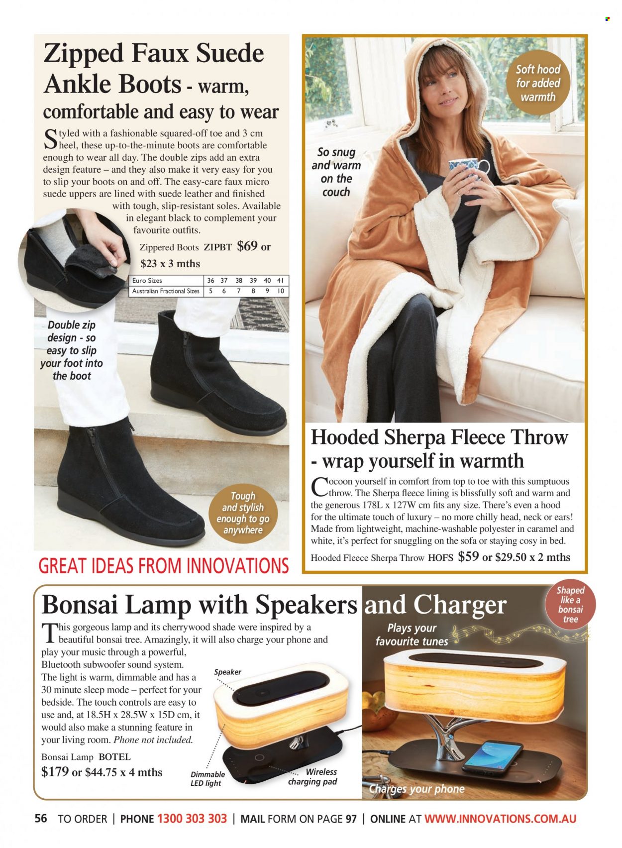 thumbnail - Innovations Catalogue - Sales products - boots, fleece throw, speaker, subwoofer, soundbar system, sherpa, Snug, lamp, LED light. Page 56.