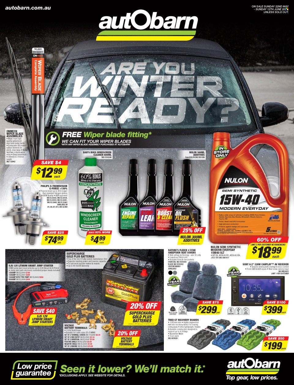 thumbnail - Autobarn Catalogue - 22 May 2022 - 12 Jun 2022 - Sales products - wiper blades, car seat cover, recovery boards, starter, cleaner, Nulon. Page 1.