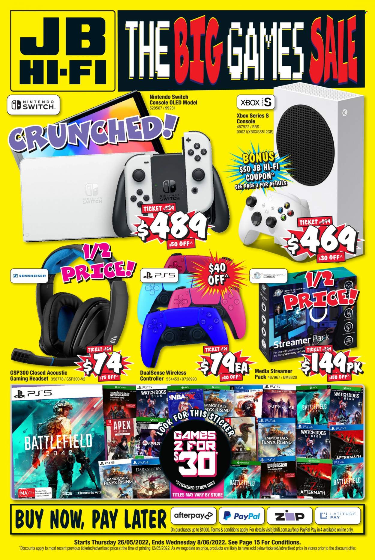 thumbnail - JB Hi-Fi Catalogue - 26 May 2022 - 8 Jun 2022 - Sales products - wireless controller, gaming headset, Nintendo Switch, Xbox, hi-fi, headset. Page 1.