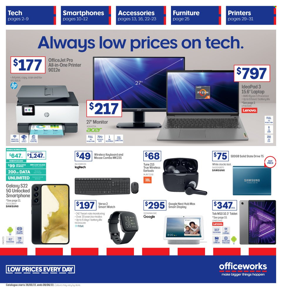 thumbnail - Officeworks Catalogue - 26 May 2022 - 9 Jun 2022 - Sales products - Acer, Lenovo, tablet, keyboard, Samsung, smartphone, Fitbit, smart watch, laptop, Ryzen, Logitech, mouse, monitor, camera, JBL, earbuds, all-in-one printer, printer, HP OfficeJet. Page 1.
