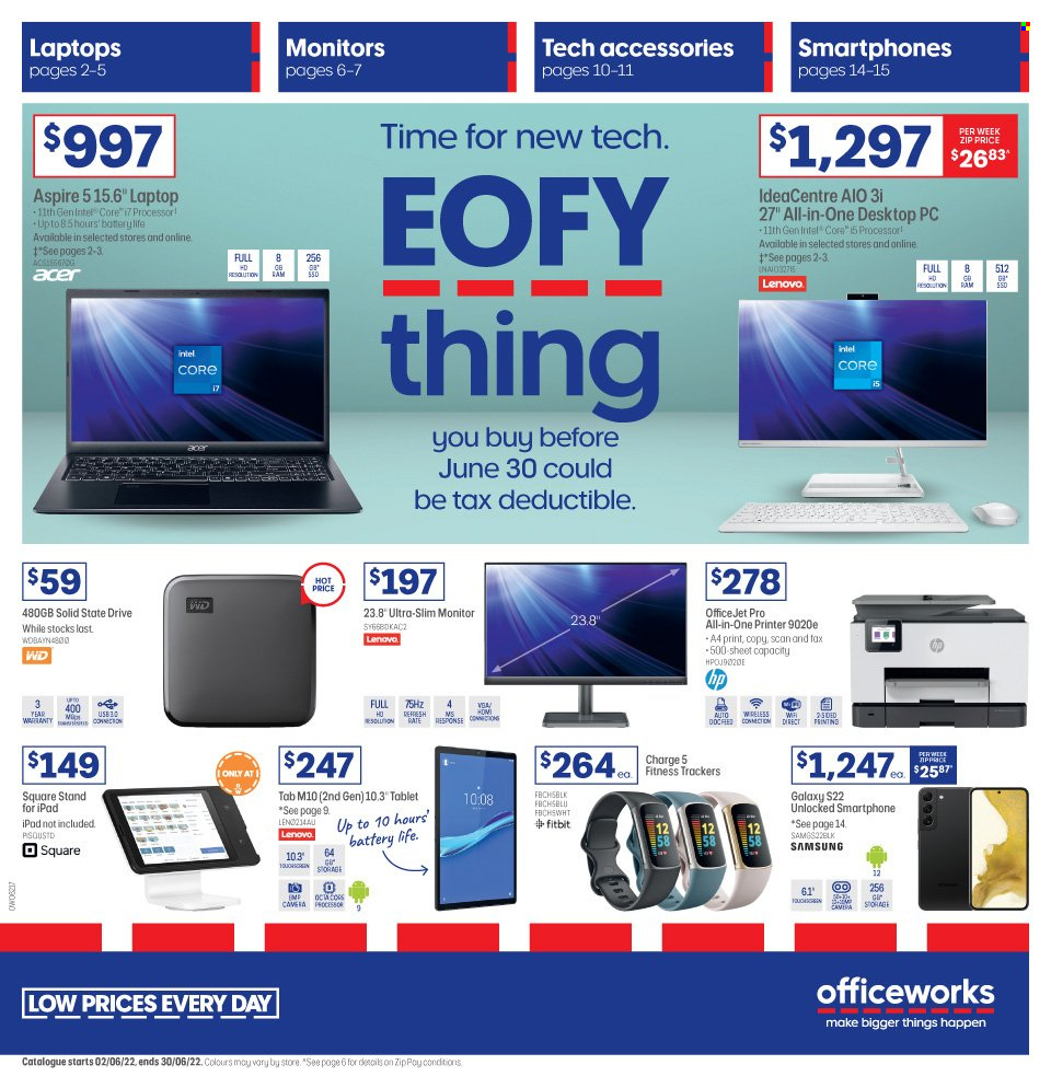 thumbnail - Officeworks Catalogue - 2 Jun 2022 - 30 Jun 2022 - Sales products - Intel, Acer, Lenovo, tablet, Samsung, smartphone, Fitbit, desktop computer, laptop, WD, monitor, all-in-one printer, printer, HP OfficeJet. Page 1.