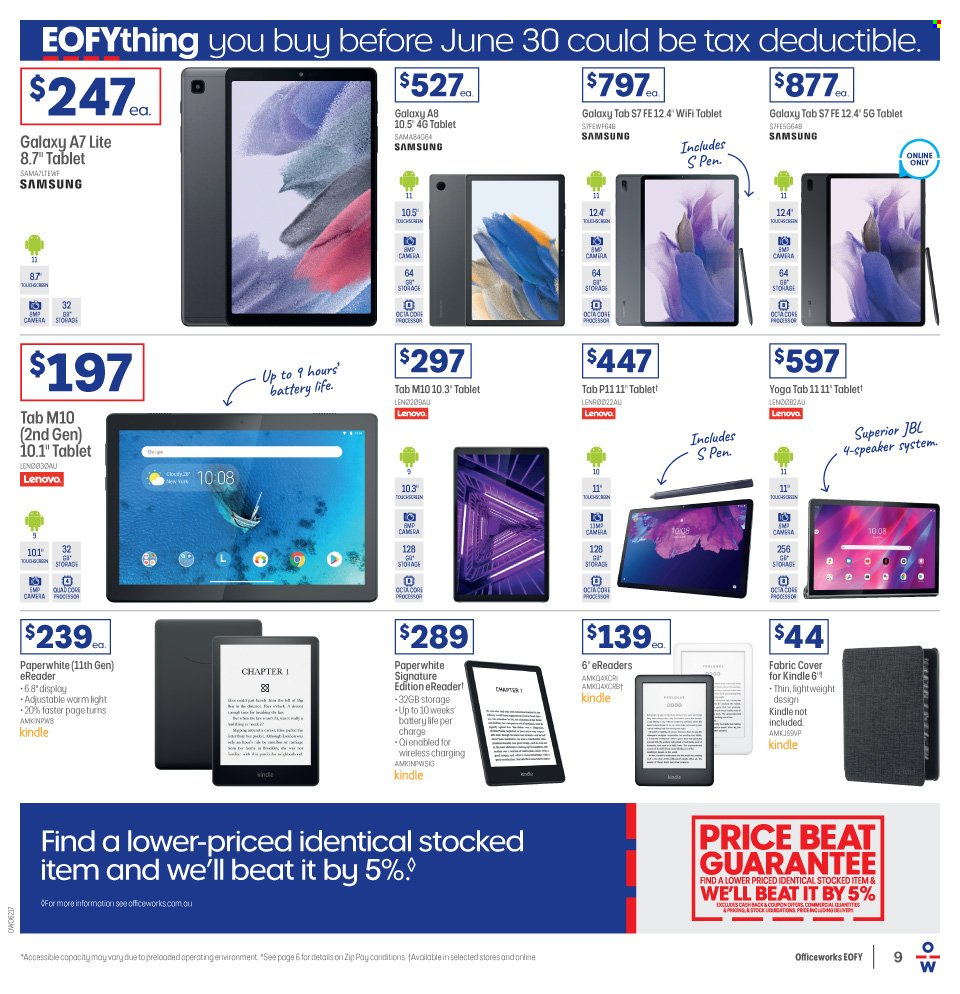 thumbnail - Officeworks Catalogue - 2 Jun 2022 - 30 Jun 2022 - Sales products - Lenovo, tablet, Samsung Galaxy, Samsung Galaxy Tab, pen, Samsung, camera, speaker, JBL. Page 9.