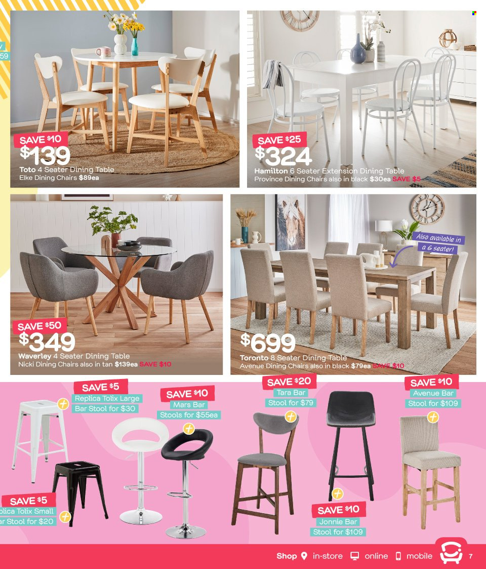 thumbnail - Fantastic Furniture Catalogue - 30 May 2022 - 3 Jul 2022 - Sales products - dining table, table, stool, chair, bar stool. Page 7.