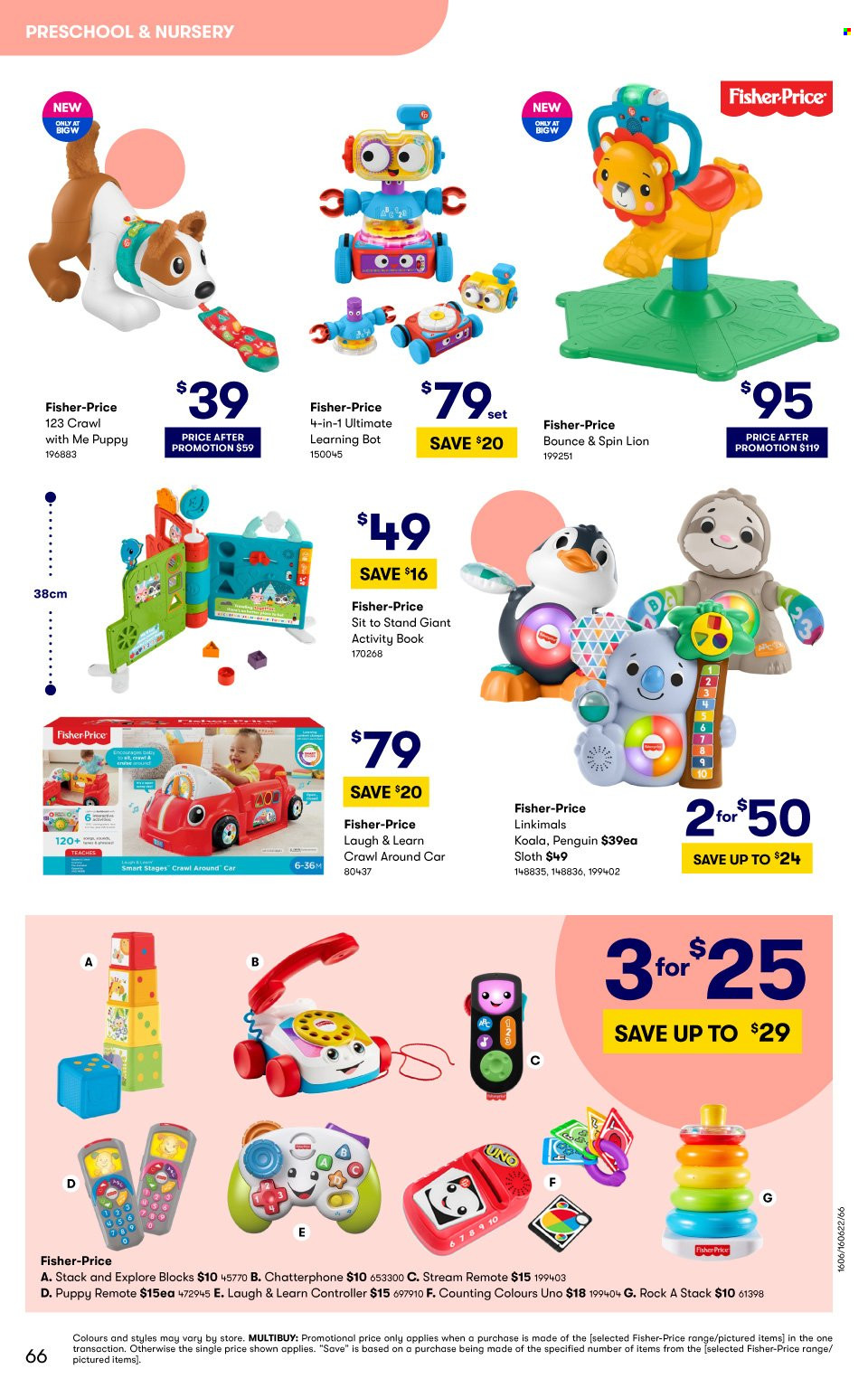 thumbnail - BIG W Catalogue - Sales products - Bounce, book, penguin, Fisher-Price. Page 66.