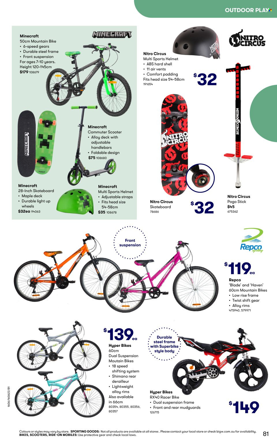 thumbnail - BIG W Catalogue - Sales products - Minecraft, Shimano, helmet, mountain bike, skateboard, pogo stick. Page 81.