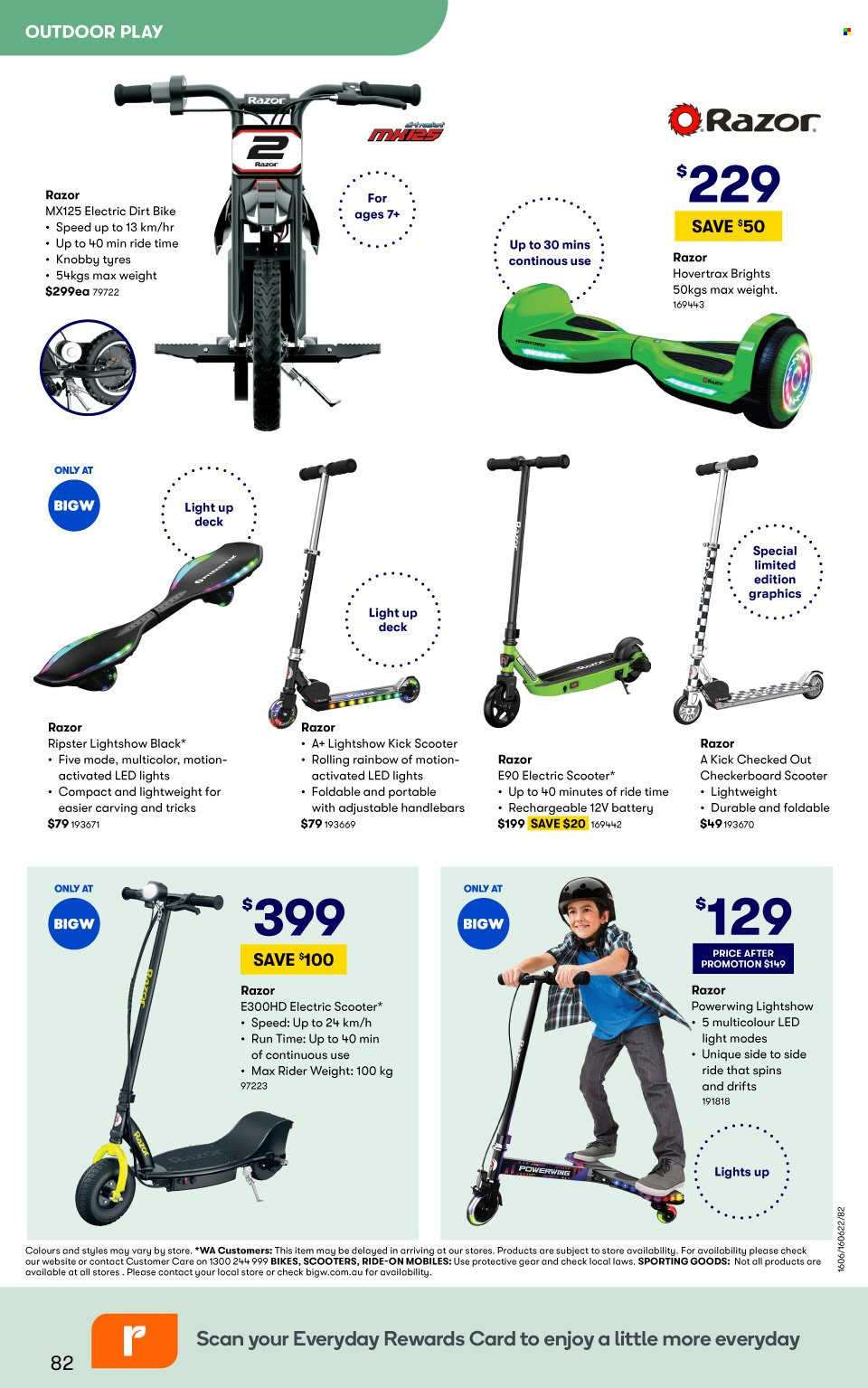 thumbnail - BIG W Catalogue - Sales products - razor, battery, electric scooter, kick scooter, LED light. Page 82.