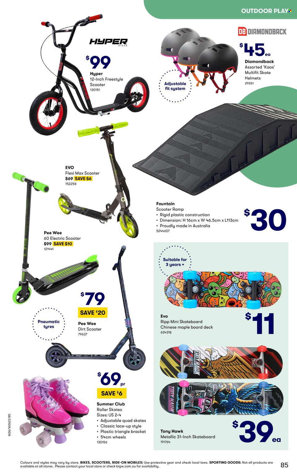 thumbnail - BIG W Catalogue - Sales products - MultiFit, roller, electric scooter, roller skates, skateboard. Page 85.