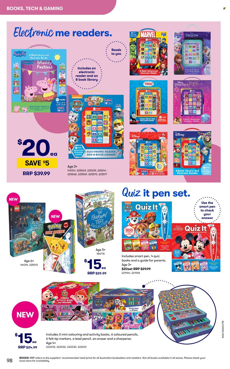 thumbnail - BIG W Catalogue - Sales products - Disney, Mickey Mouse, Peppa Pig, sharpener, Harry Potter, Pokémon, pen, eraser, pencil, book, LEGO, LEGO Harry Potter, princess. Page 98.