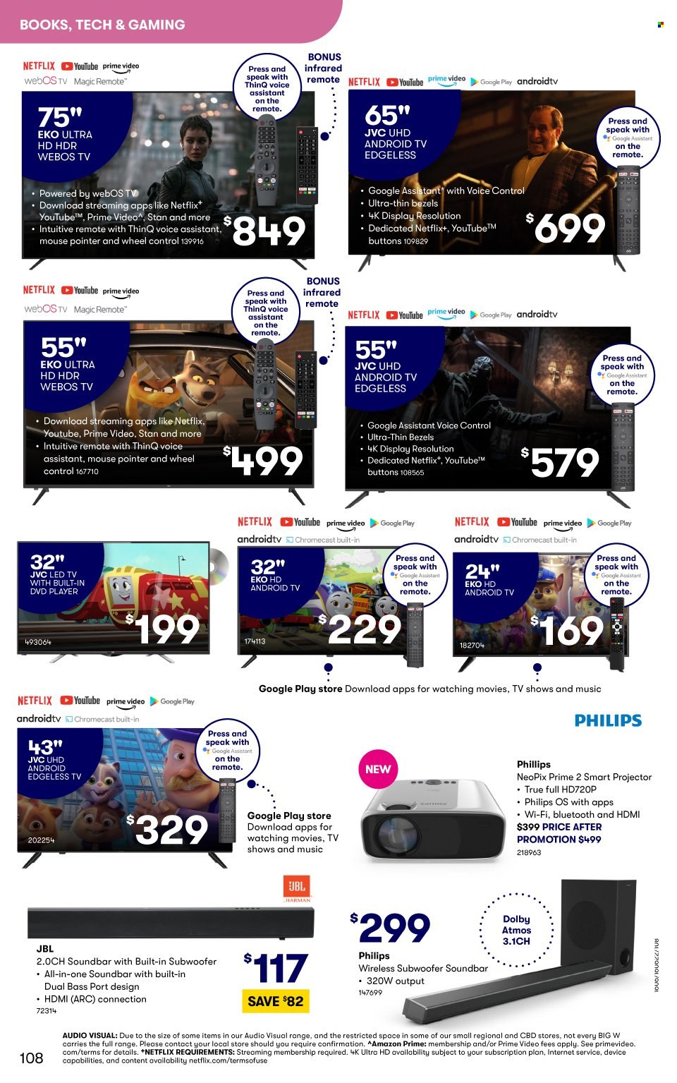 thumbnail - BIG W Catalogue - Sales products - Philips, book, mouse, JVC, Android TV, LED TV, UHD TV, ultra hd, TV, dvd player, projector, subwoofer, wireless subwoofer, JBL, sound bar, Google Chromecast. Page 108.