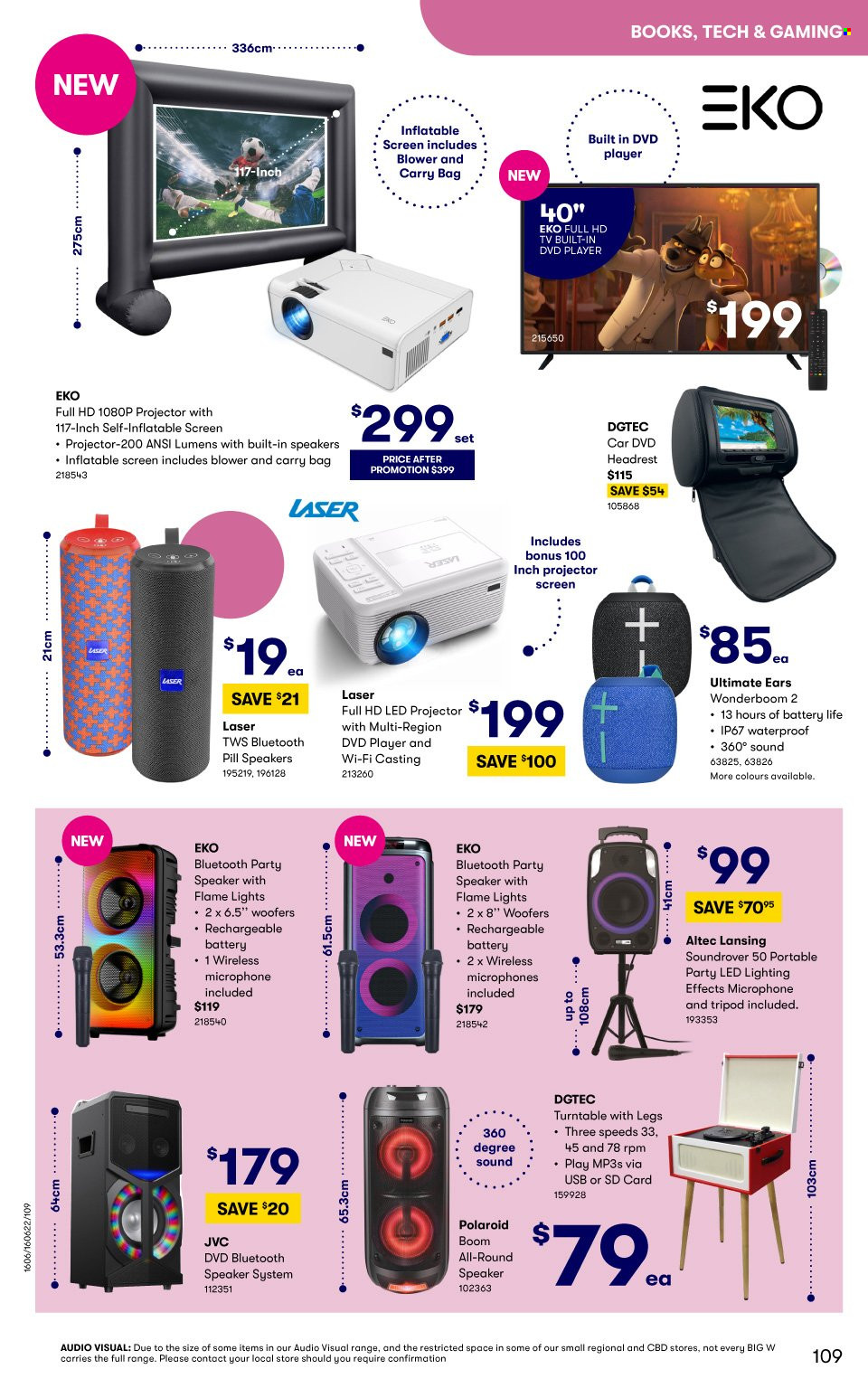 thumbnail - BIG W Catalogue - Sales products - rechargeable battery, book, memory card, Ultimate Ears, Polaroid, JVC, tripod, HDTV, Full HD TV, TV, Altec Lansing, dvd player, projector, projector screen, speaker, bluetooth speaker, microphone, lighting. Page 109.