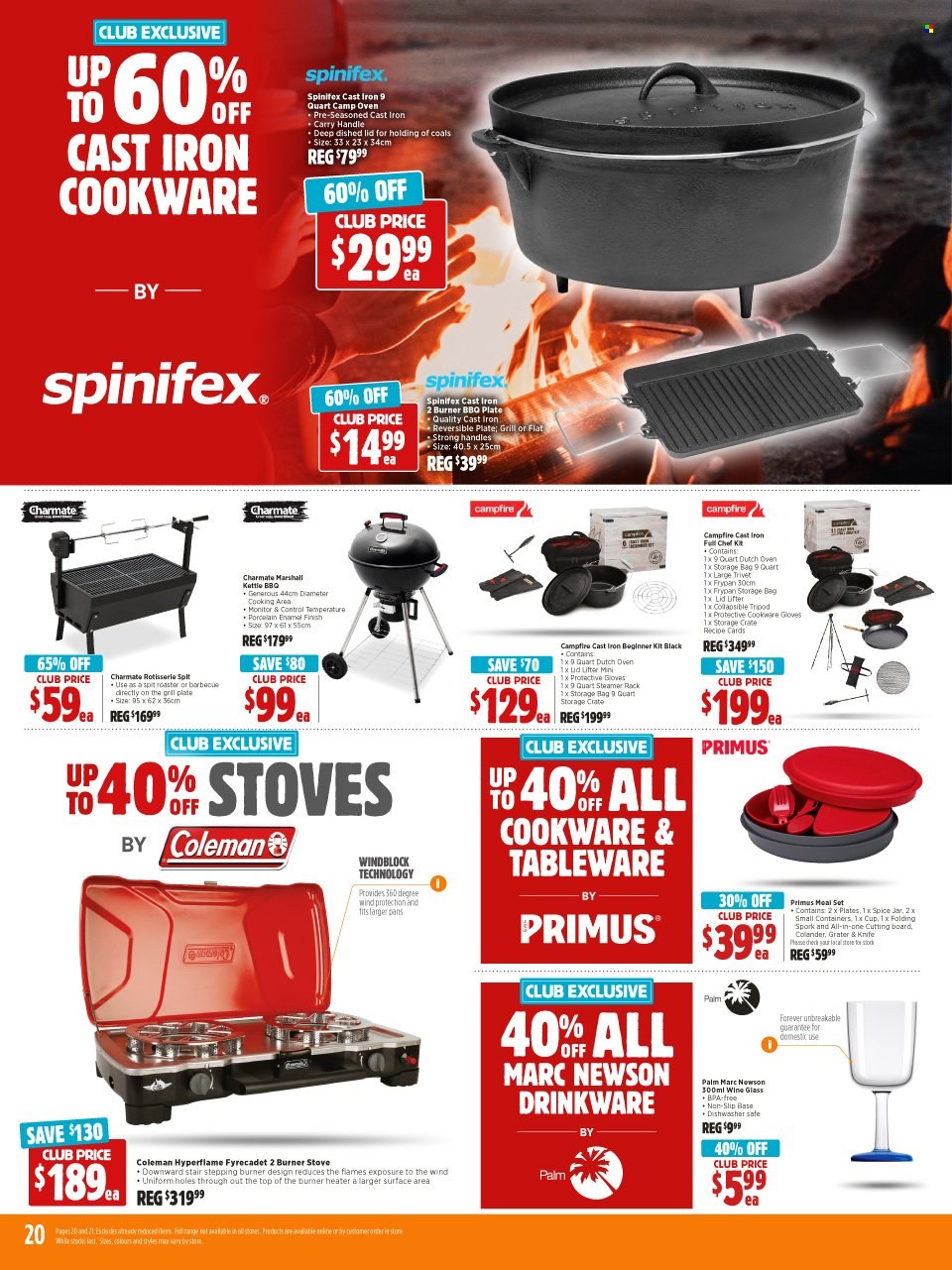 thumbnail - Anaconda Catalogue - 14 Jun 2022 - 3 Jul 2022 - Sales products - Coleman, colander, cookware set, cutting board, drinkware, knife, lid, tableware, wine glass, plate, cup, handy grater, frying pan, cast iron dutch oven, Marshall, Campfire, stove, storage bag, heater, crate. Page 20.