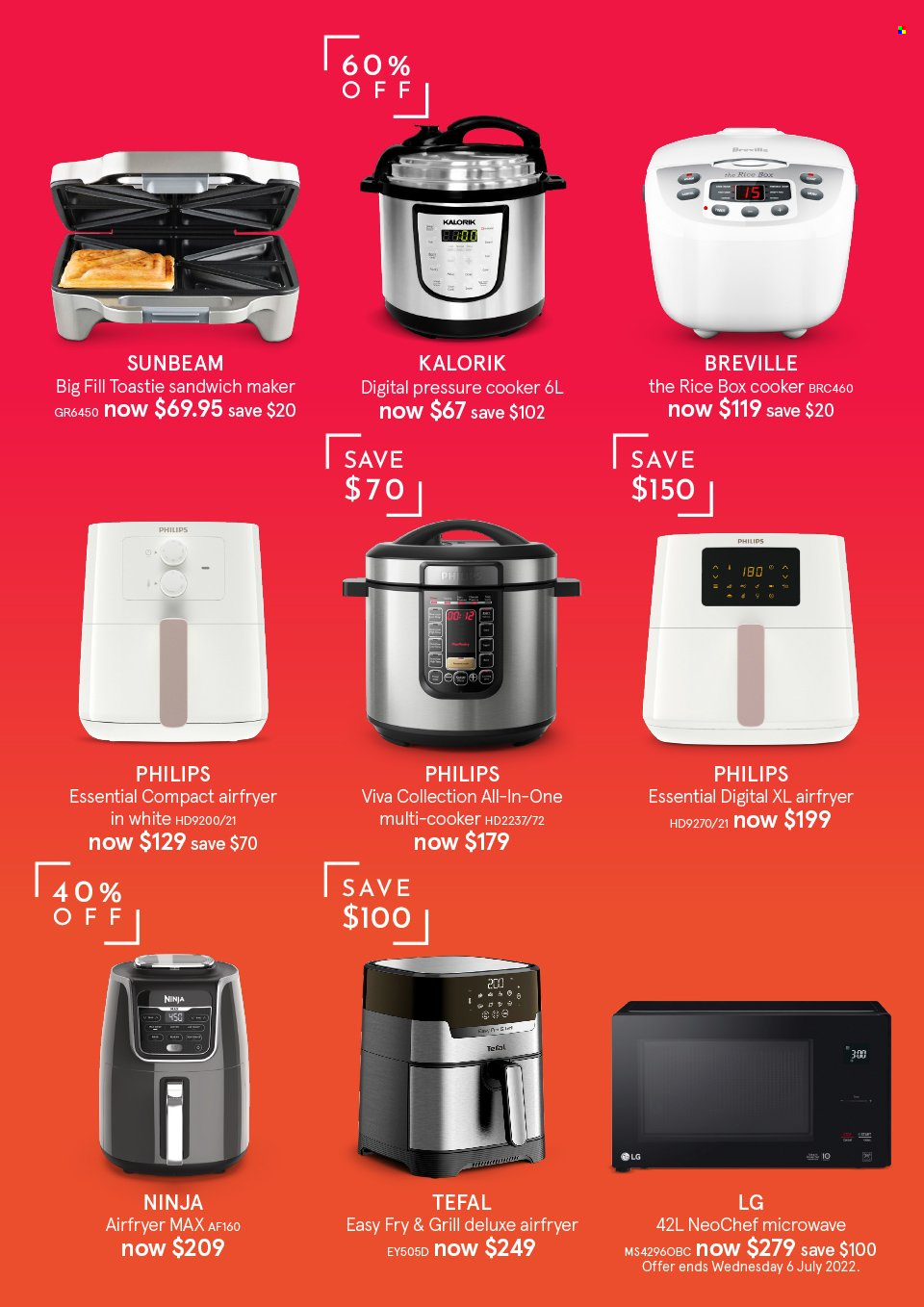 thumbnail - Myer Catalogue - Sales products - Tefal, Philips, pressure cooker, rice cooker, Sunbeam, LG, microwave, multifunction cooker, air fryer, sandwich maker. Page 18.
