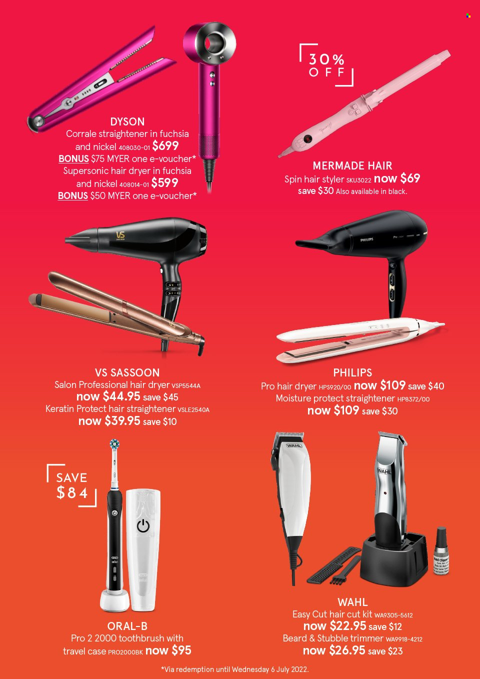 thumbnail - Myer Catalogue - Sales products - Philips, keratin, trimmer, Dyson, Oral-B, hair dryer, straightener. Page 20.
