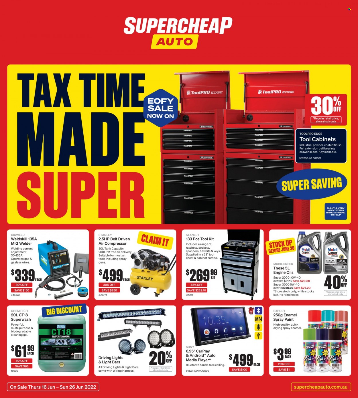 thumbnail - Supercheap Auto Catalogue - 16 Jun 2022 - 26 Jun 2022 - Sales products - Sony, media player, belt, Stanley, tool set, tool chest, air compressor, cabinet, inverter welder, tool cabinets, welder, driving lights, wiring harness, spray paint, Mobil. Page 1.