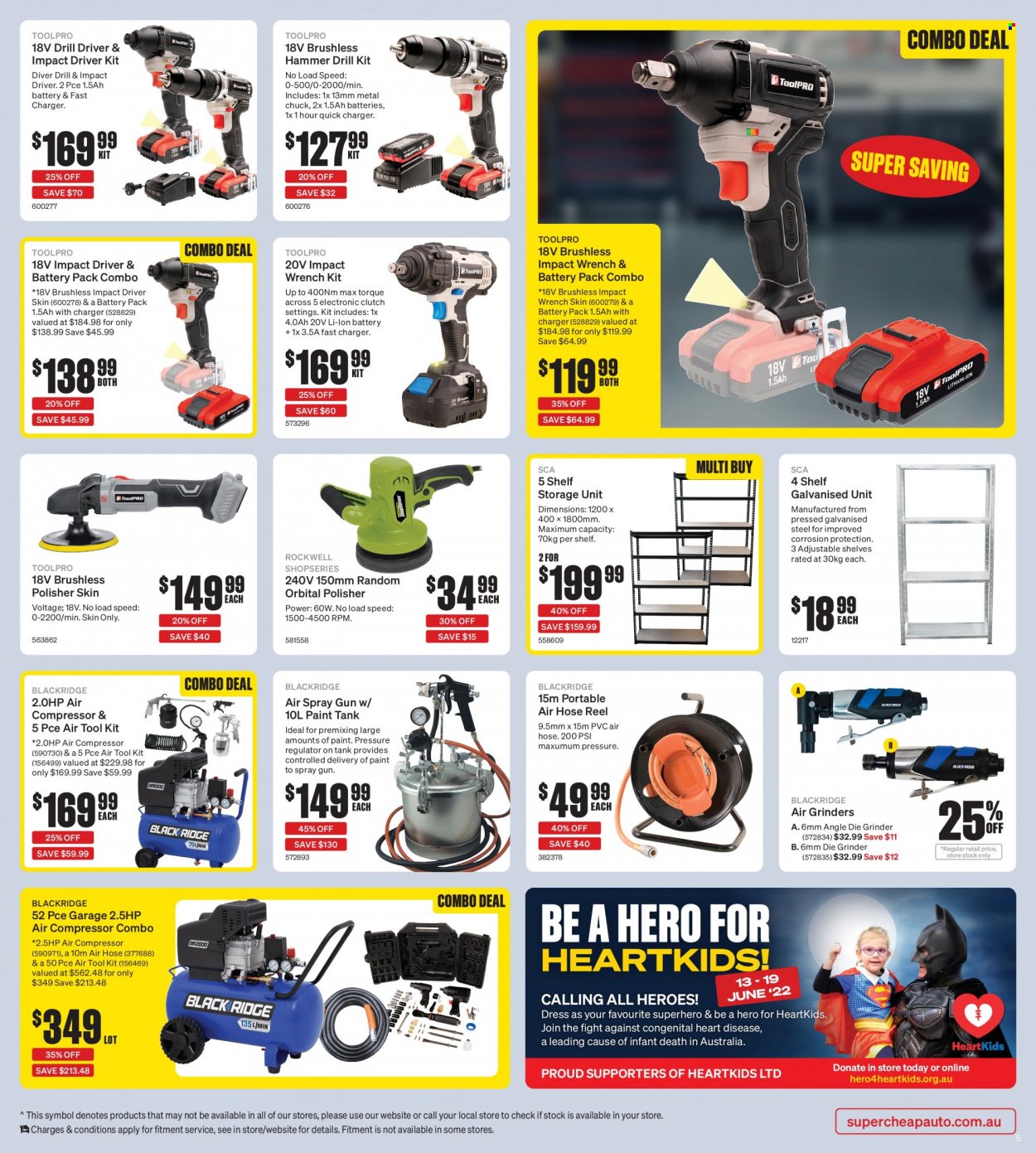 thumbnail - Supercheap Auto Catalogue - 16 Jun 2022 - 26 Jun 2022 - Sales products - impact driver, grinder, tool set, air compressor, air hose, spray gun. Page 5.