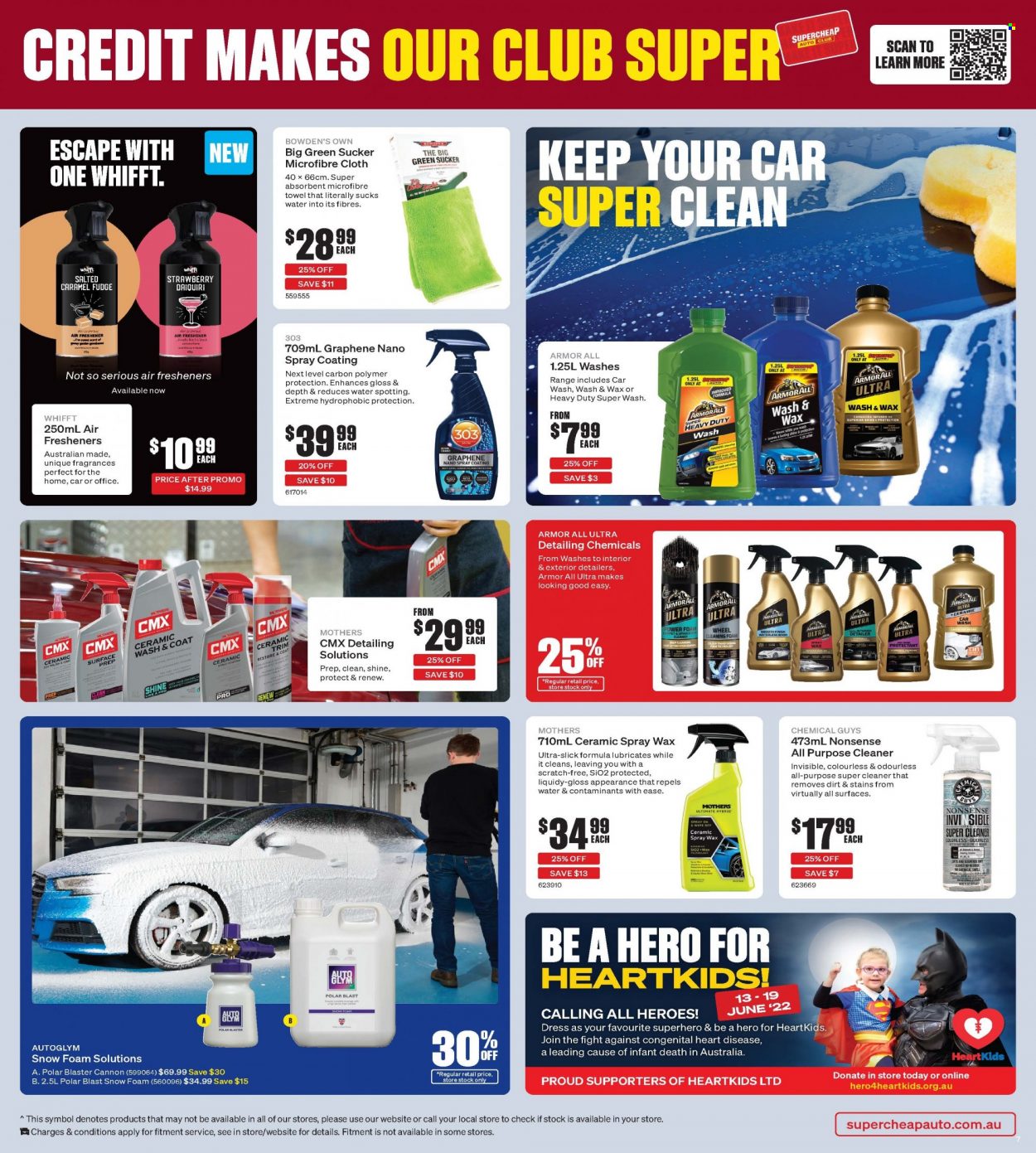thumbnail - Supercheap Auto Catalogue - 16 Jun 2022 - 26 Jun 2022 - Sales products - cleaner, all purpose cleaner, microfiber towel, coat, Armor All, Bowden's, air freshener. Page 7.