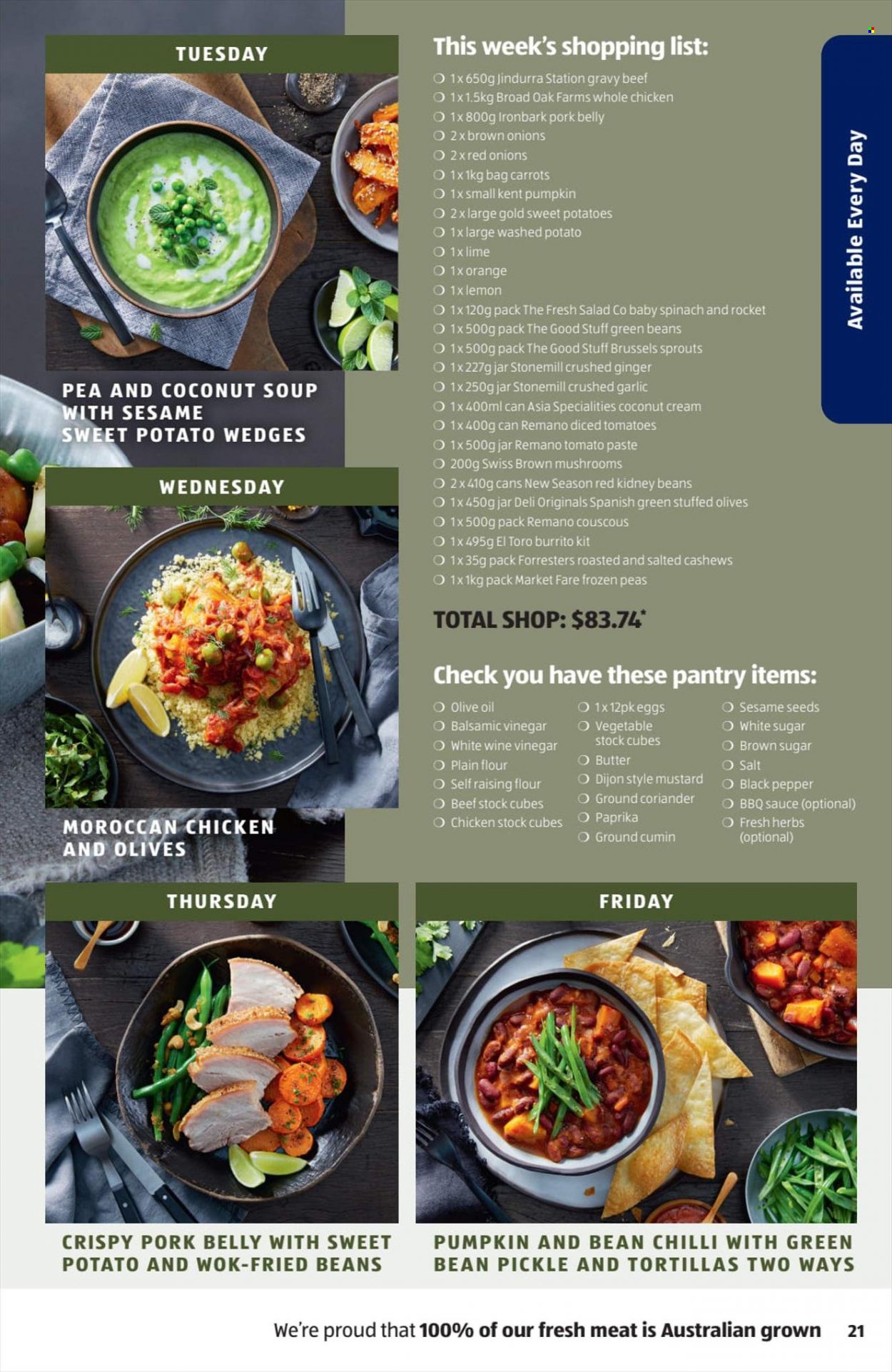 thumbnail - ALDI Catalogue - 29 Jun 2022 - 5 Jul 2022 - Sales products - mushrooms, beans, carrots, garlic, ginger, green beans, red onions, potatoes, peas, onion, salad, brussel sprouts, baby spinach, vegetable stock, sauce, burrito, eggs, butter, coconut cream, crispy pork, potato wedges, cane sugar, tomato paste, kidney beans, olives, diced tomatoes, couscous, black pepper, cumin, coriander, BBQ sauce, mustard, balsamic vinegar, vinegar, wine vinegar, olive oil, oil, cashews, whole chicken, pork belly, pork meat, wok, jar, plant seeds. Page 21.