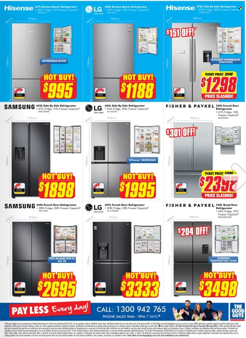 thumbnail - The Good Guys Catalogue - 23 Jun 2022 - 30 Jun 2022 - Sales products - dispenser, Samsung, Hisense, freezer, french door refrigerator, refrigerator, fridge. Page 15.