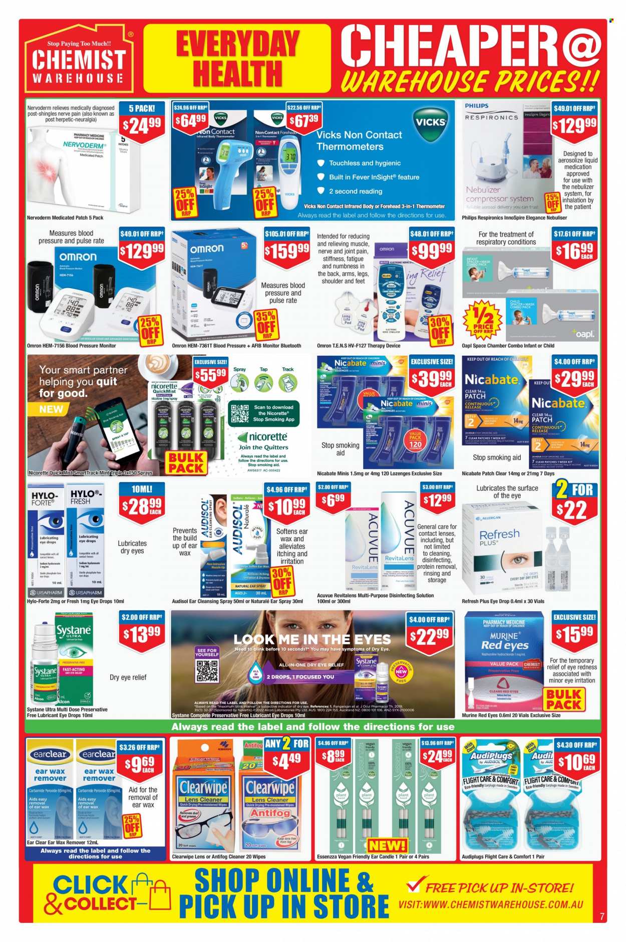 thumbnail - Chemist Warehouse Catalogue - 23 Jun 2022 - 6 Jul 2022 - Sales products - wipes, cleaner, lubricant, Vicks, thermometer, Nicorette, Systane, eye drops, lenses, Omron, pressure monitor, contact lenses, nebuliser. Page 7.