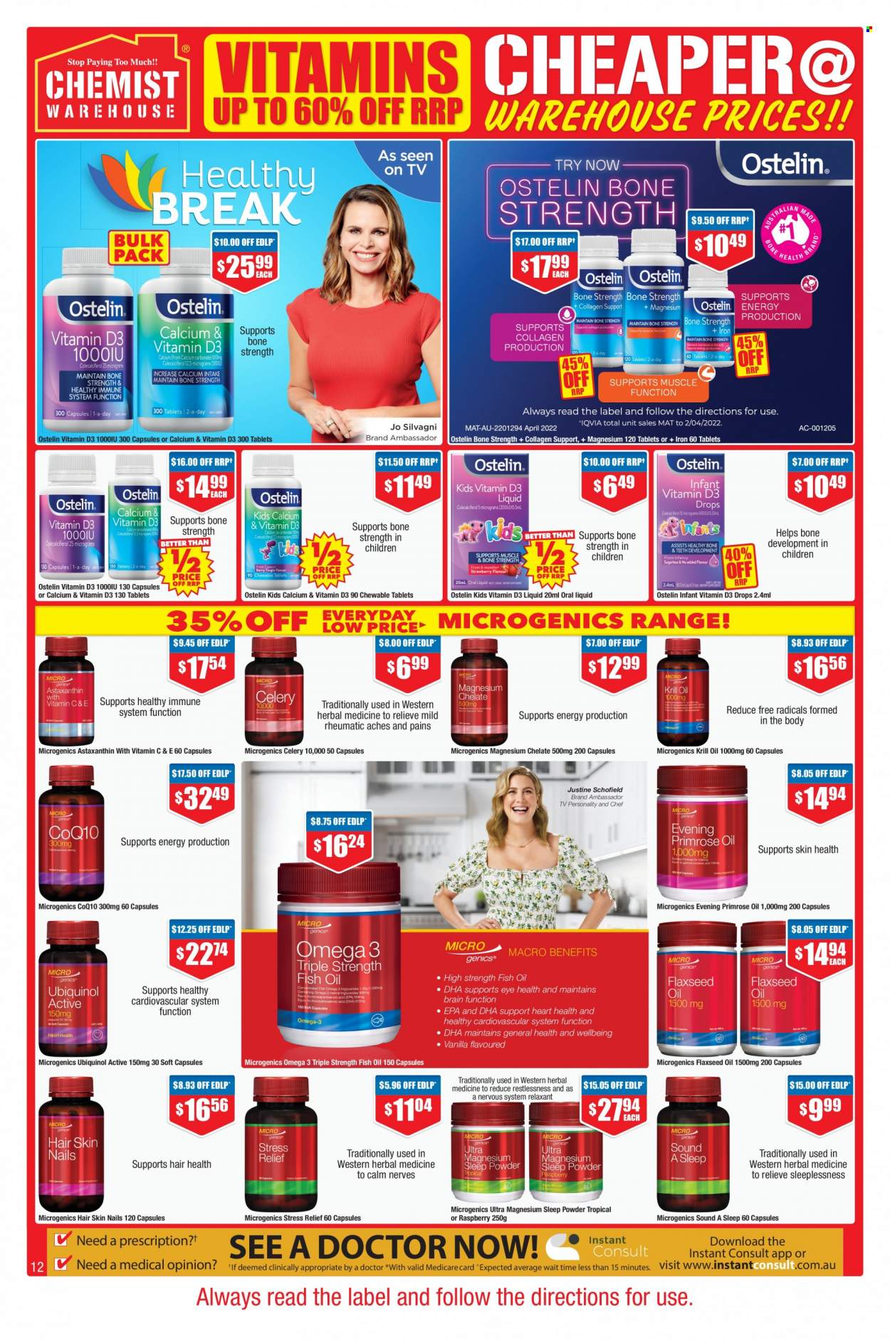 thumbnail - Chemist Warehouse Catalogue - 23 Jun 2022 - 6 Jul 2022 - Sales products - calcium, fish oil, magnesium, Omega-3, flaxseed oil, vitamin D3, Ostelin. Page 12.