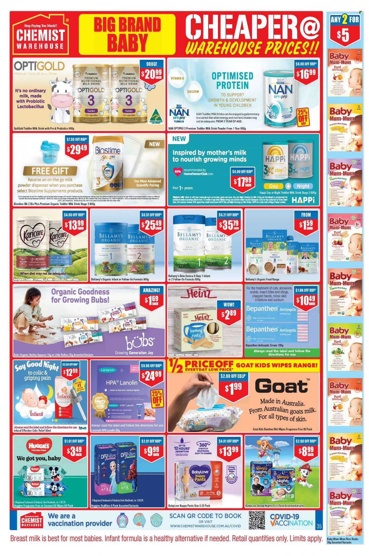 thumbnail - Chemist Warehouse Catalogue - 23 Jun 2022 - 6 Jul 2022 - Sales products - wipes, Huggies, pants, baby wipes, nappies, DryNites, BabyLove, Bounty, Joy, Mum, calcium, Nestlé, antiseptic cream. Page 35.